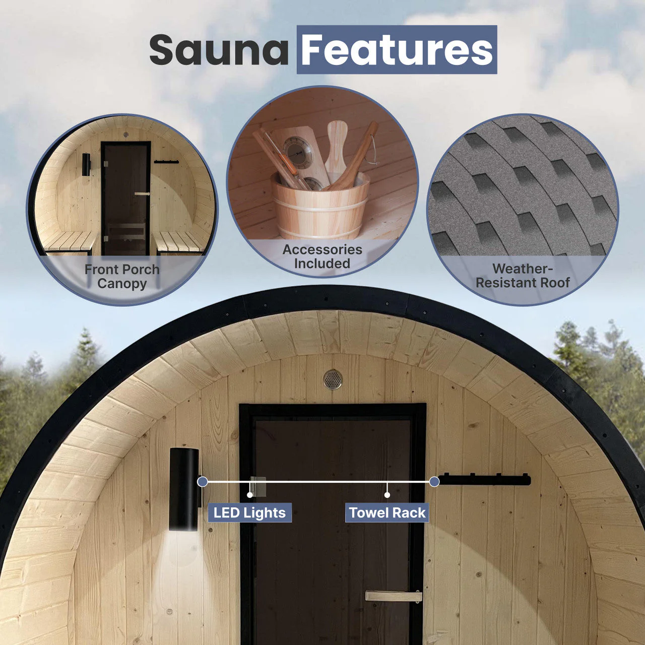 Aleko Outdoor White Finland Pine Traditional Barrel Sauna with Black Accents & Front Porch Canopy - 2-4 Person Capacity - Image 8