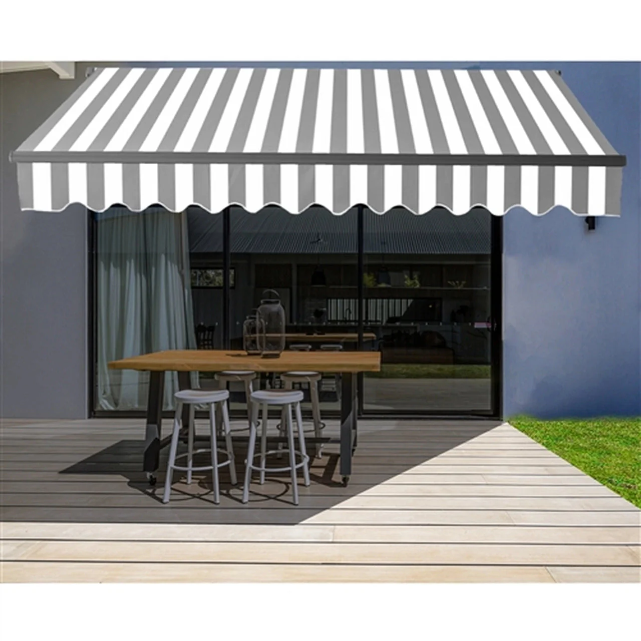 Aleko Retractable Black Frame Patio Awning 12 x 10 Feet - Gray and White Stripes - Image 6