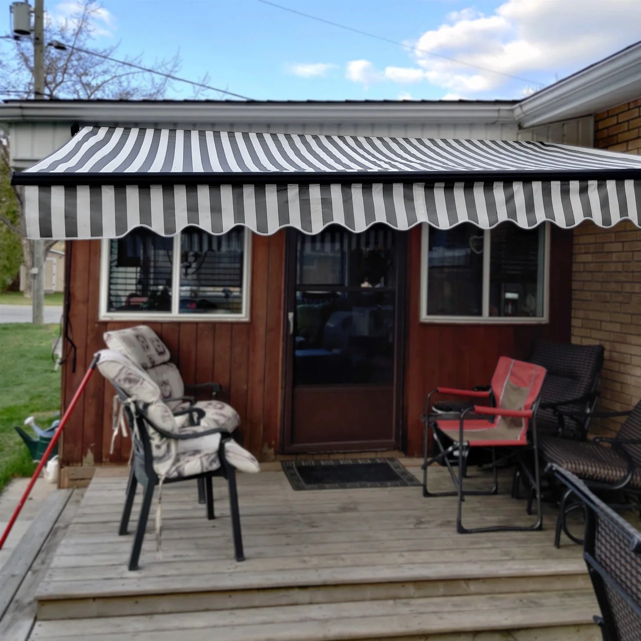 Aleko Retractable Black Frame Patio Awning 12 x 10 Feet - Gray and White Stripes - Image 7