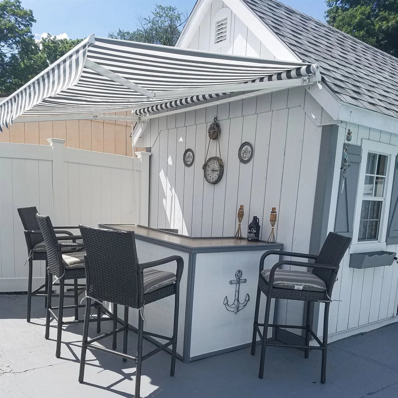 Aleko Retractable White Frame Patio Awning - 10 x 8 Feet - Gray and White Striped - Image 4