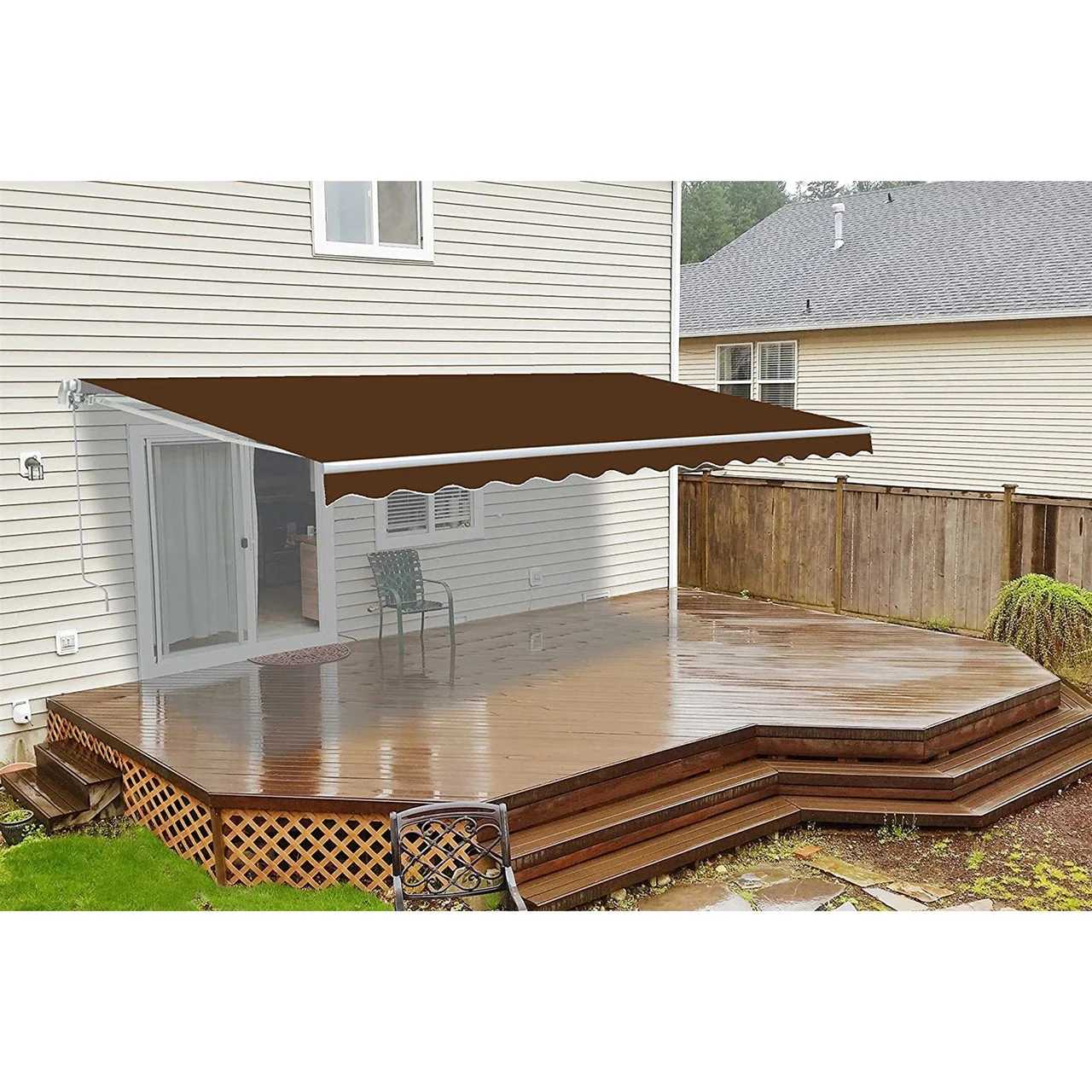 Aleko Retractable White Frame Patio Awning - 12 x 10 Feet - Brown - Image 2
