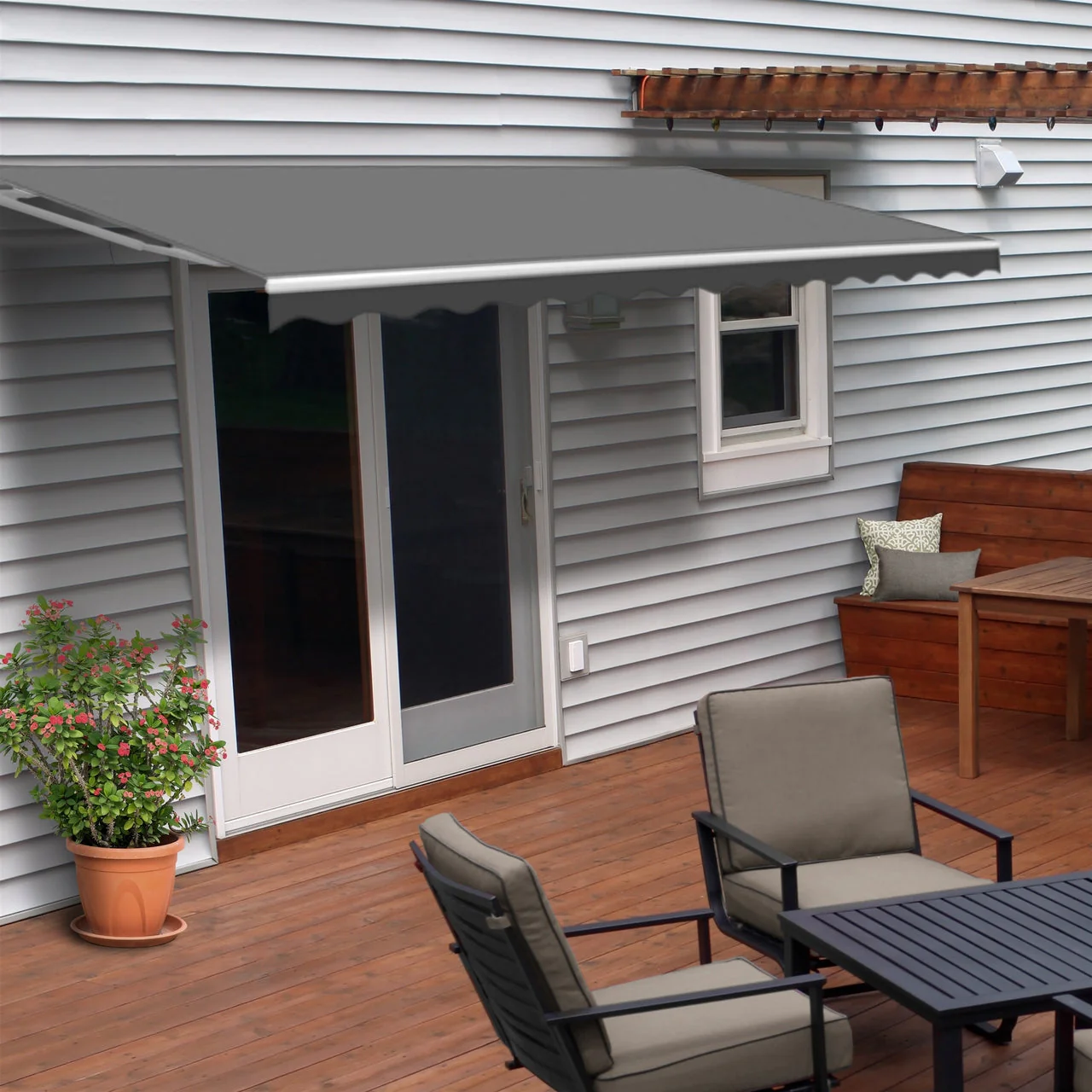 Aleko Retractable White Frame Patio Awning - 12 x 10 Feet - Gray
