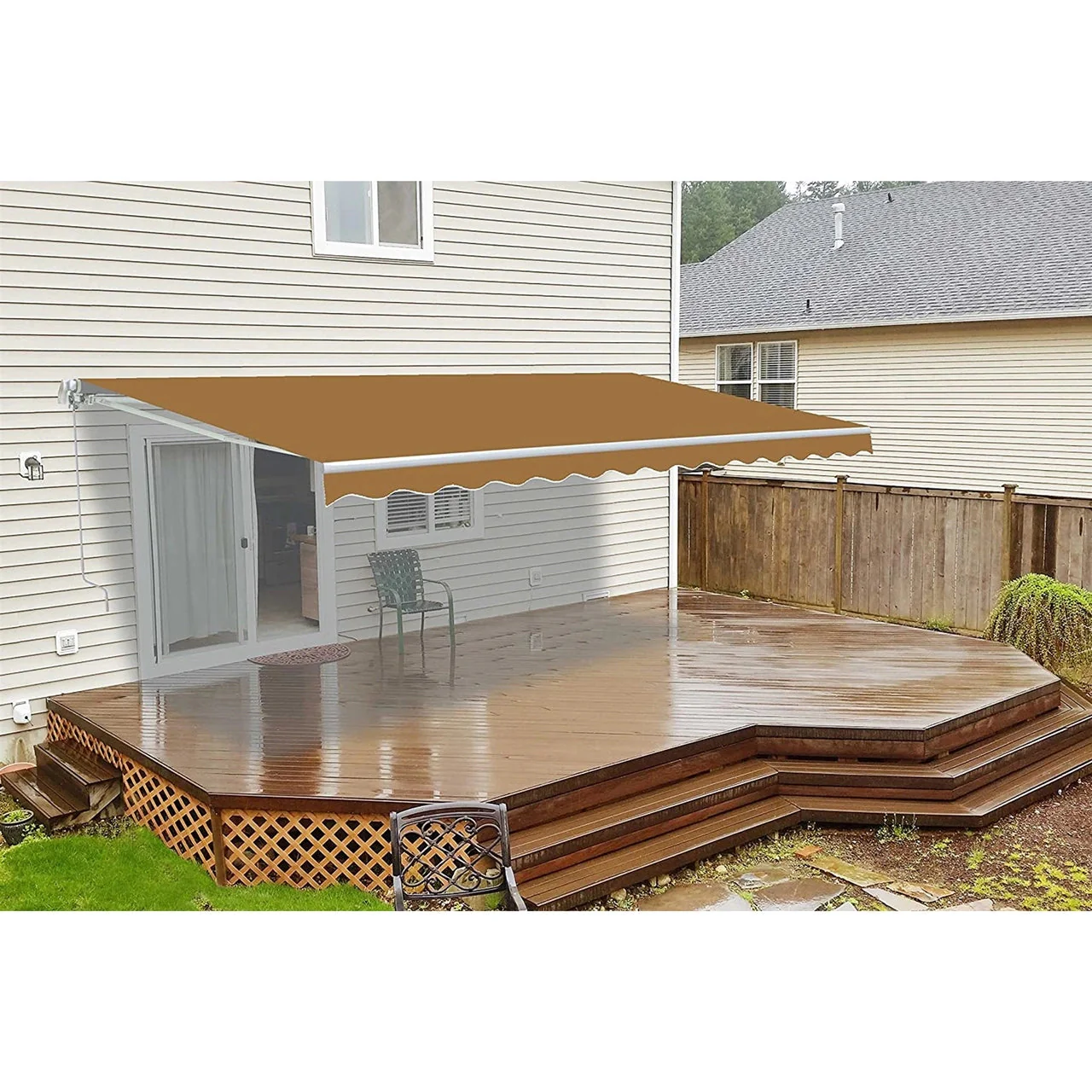 Aleko Retractable White Frame Patio Awning - 12 x 10 Feet - Sand - Image 2
