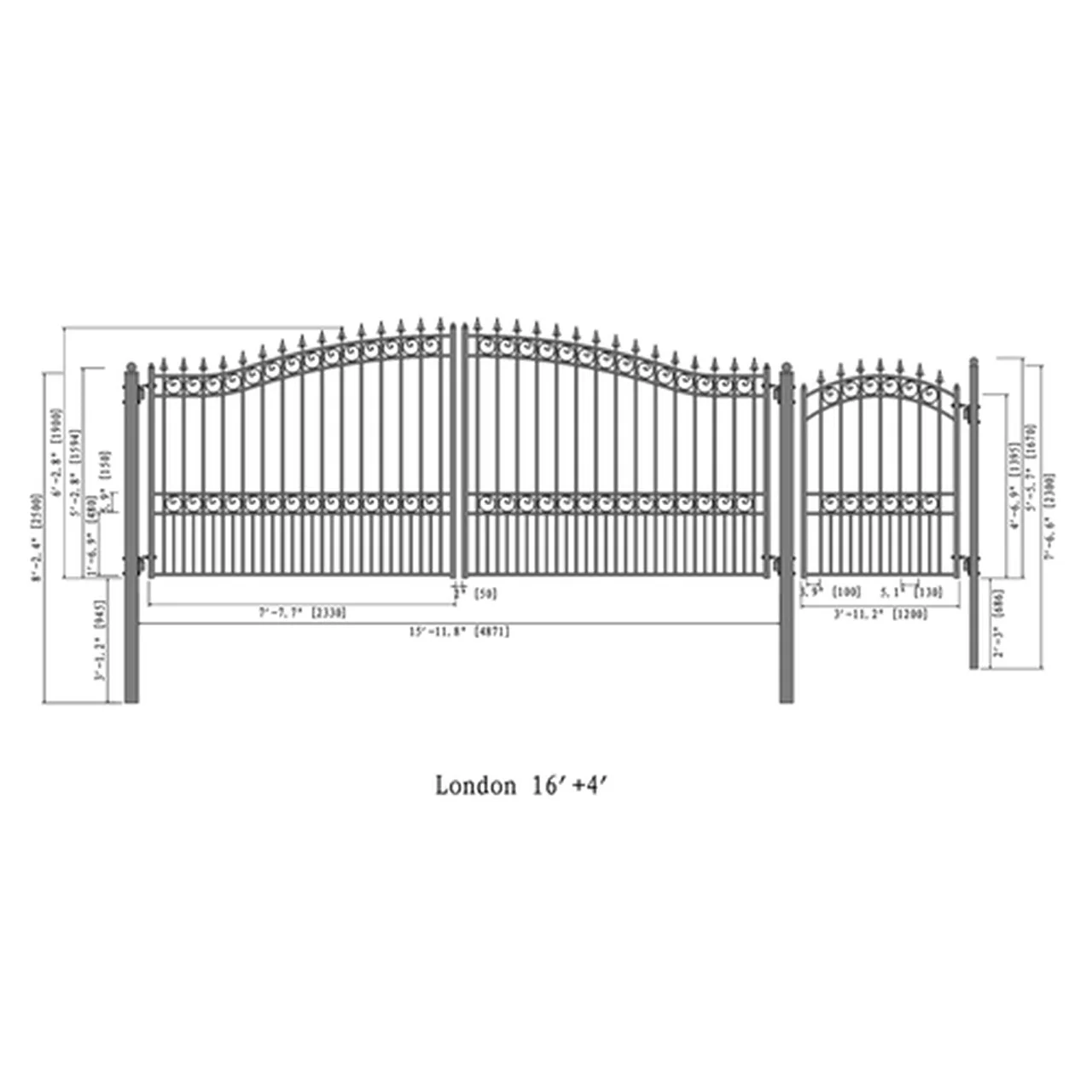 Aleko Steel Dual Swing Driveway Gate - LONDON Style - 16 ft with Pedestrian Gate - 5 ft - Image 2