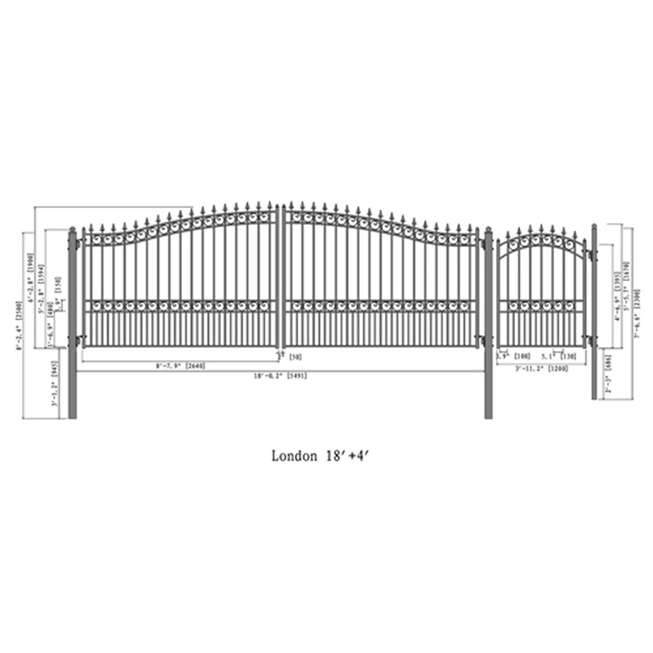 Aleko Steel Dual Swing Driveway Gate - LONDON Style - 18 ft with Pedestrian Gate - 5 ft - Image 2
