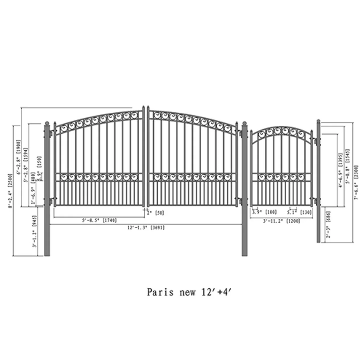 Aleko Steel Dual Swing Driveway Gate - PARIS Style - 12 ft with Pedestrian Gate - 5 ft - Image 2