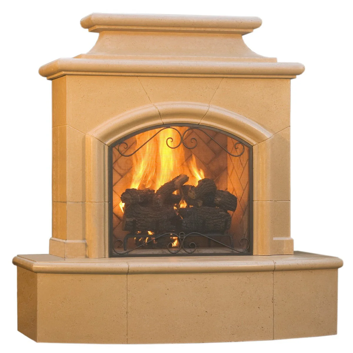 American Fyre Designs 67 Inch Vented Free-Standing Outdoor Mariposa Fireplace, Cafe Blanco, Hearth and Body, Key Value on the RIGHT/Gas