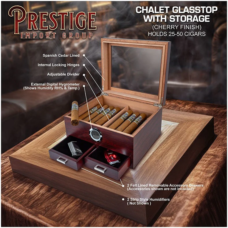 Prestige Import Group Cherry Glass-Top Desktop Humidor with Storage Drawers and Hygrometer - Image 3
