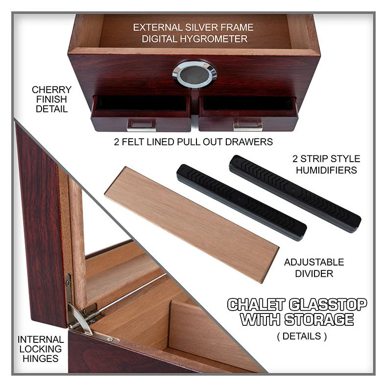 Prestige Import Group Cherry Glass-Top Desktop Humidor with Storage Drawers and Hygrometer - Image 4