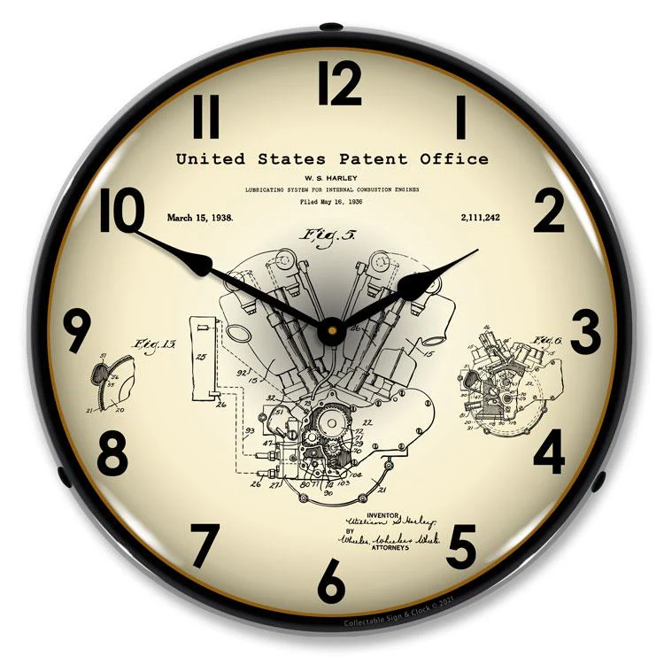 Collectable Sign and Clock - Harley Davidson Knucklehead 1938 Patent Clock