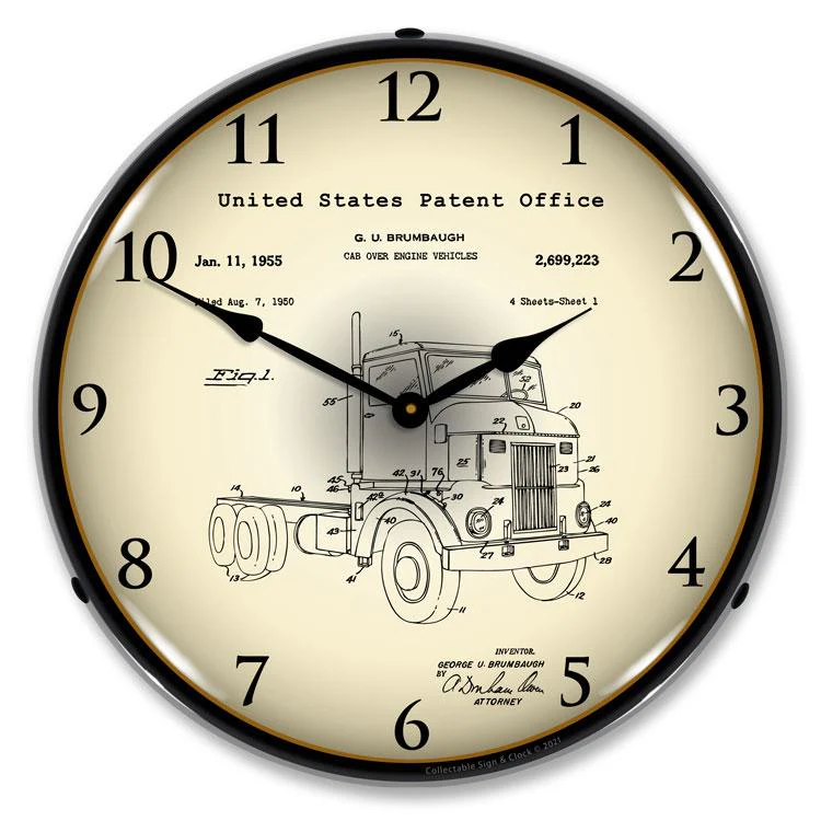 Collectable Sign and Clock - Peterbuilt Cab Over Semi Truck 1950 Patent Clock