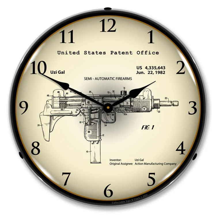 Collectable Sign and Clock - Uzi Submachine Gun 1982  Patent Clock