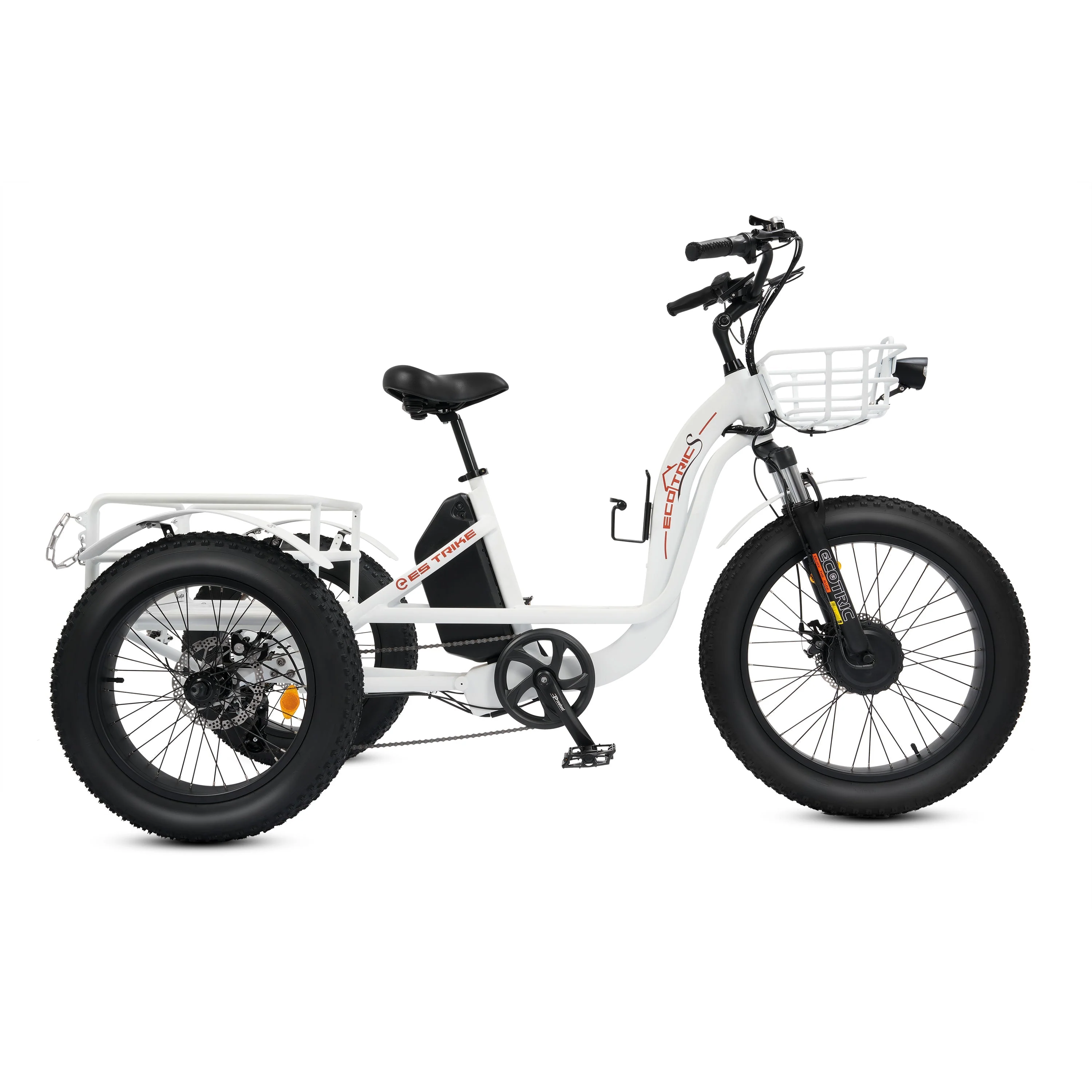 Ecotric 48V 24"x4.0 Front 20"x4.0 Rear Tires Tricycle electric bike with Front Basket + Rear Rack White - Image 3