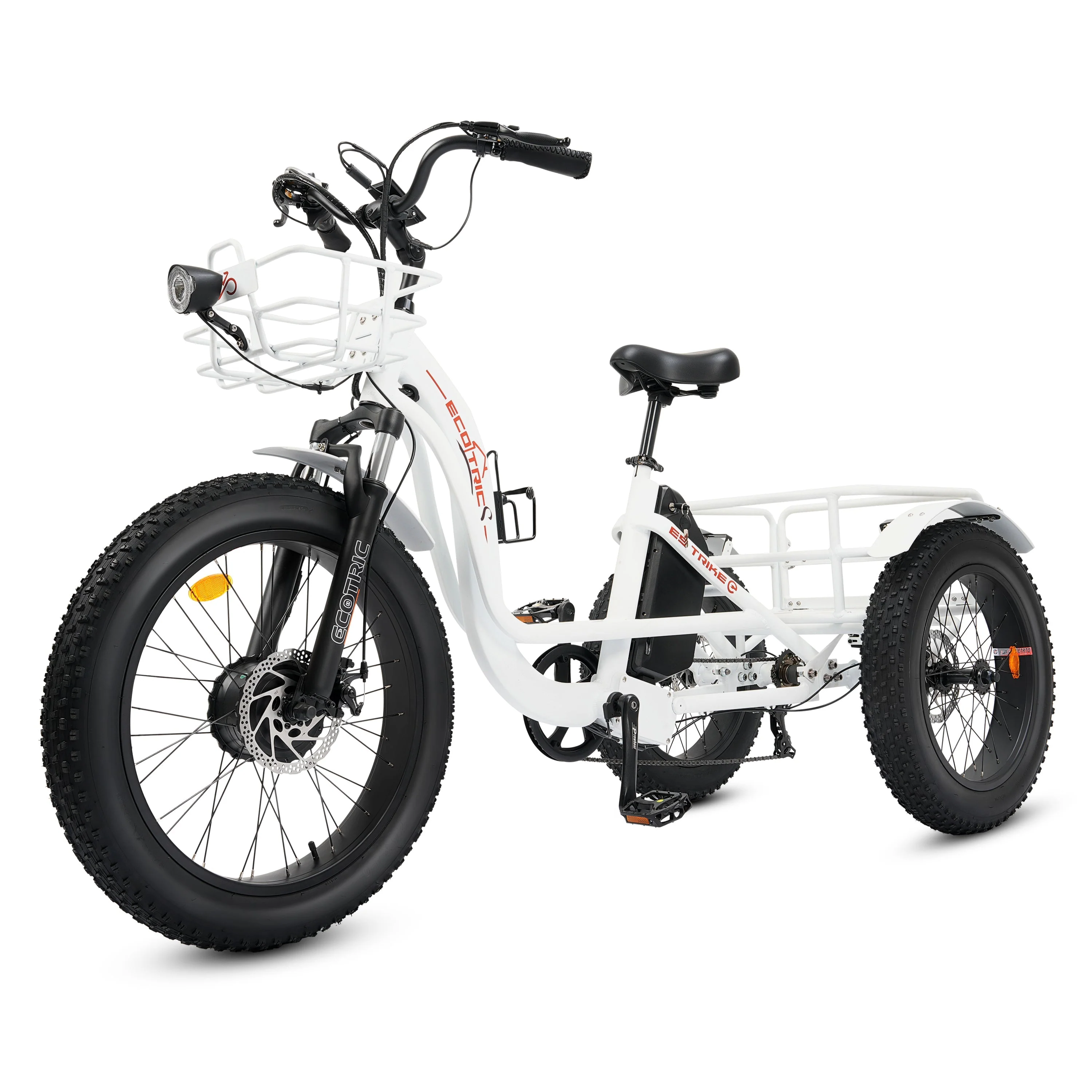 Ecotric 48V 24"x4.0 Front 20"x4.0 Rear Tires Tricycle electric bike with Front Basket + Rear Rack White - Image 4