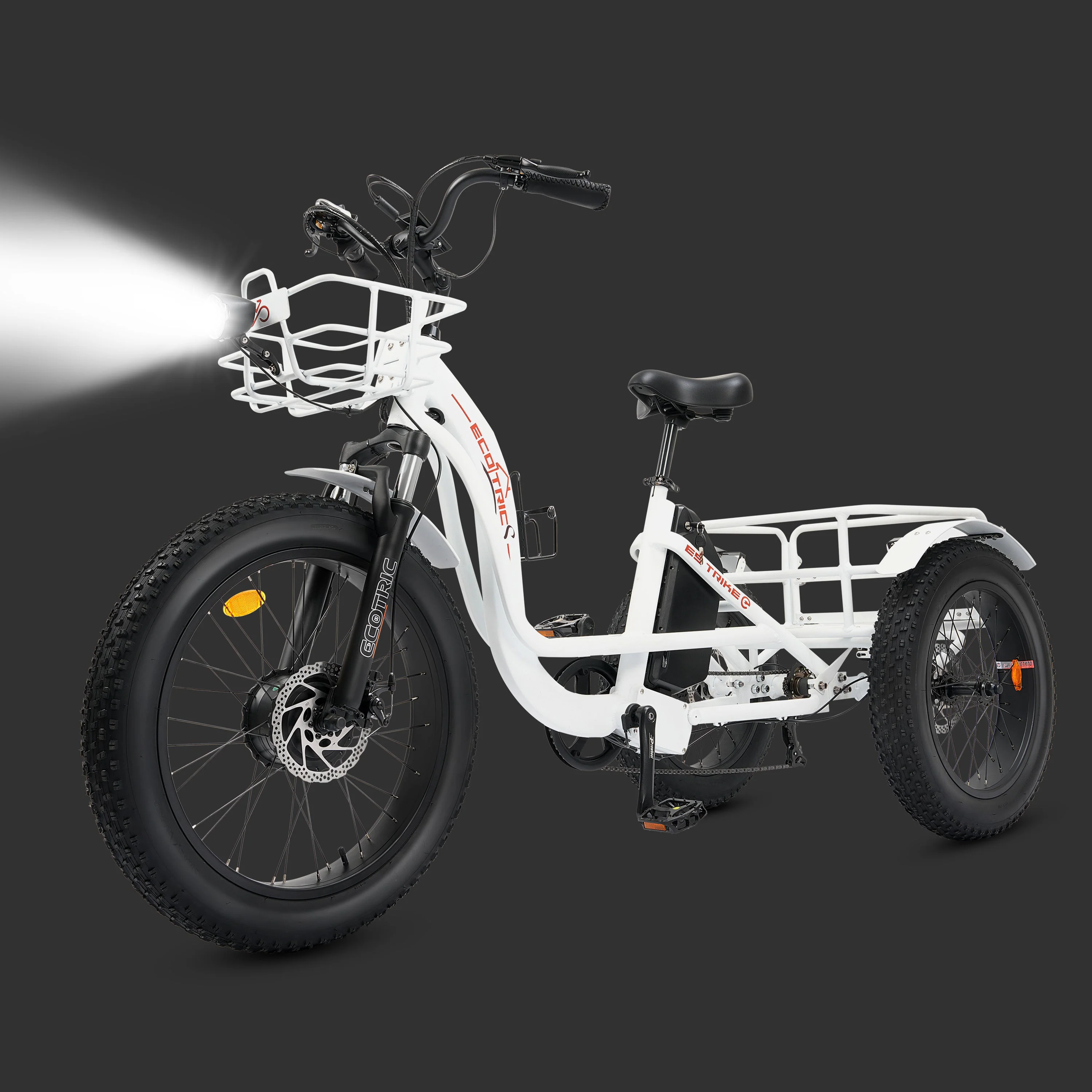 Ecotric 48V 24"x4.0 Front 20"x4.0 Rear Tires Tricycle electric bike with Front Basket + Rear Rack White - Image 5