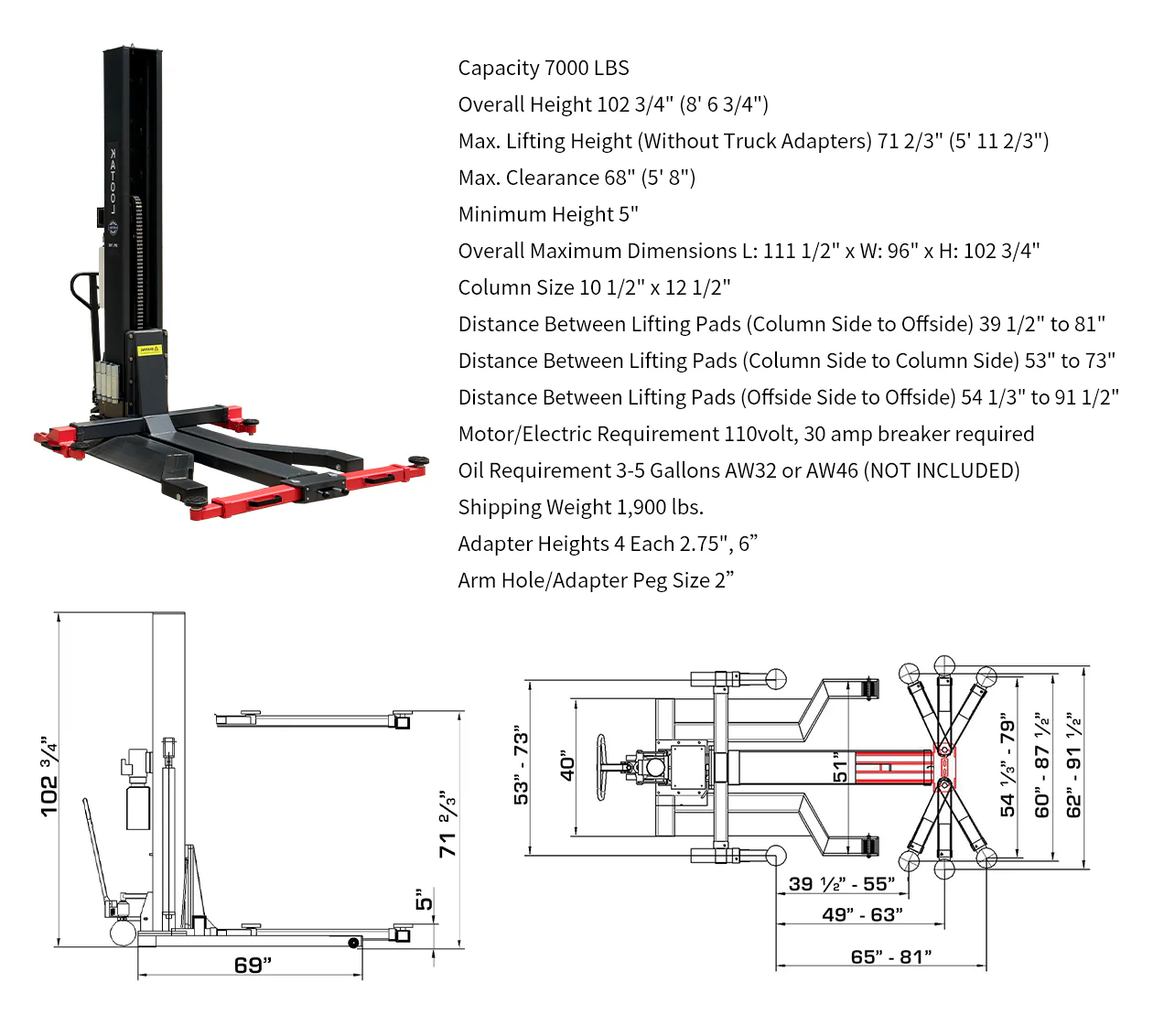 Katool KT-SPL700 7,000 lb Portable Single-Post Vehicle Lift 110V Hydraulic - Image 3