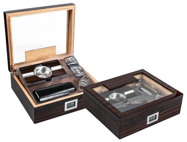 Prestige Import Group Kensington 75‑Count Glass Top Desktop Humidor Gift Set with Accessories