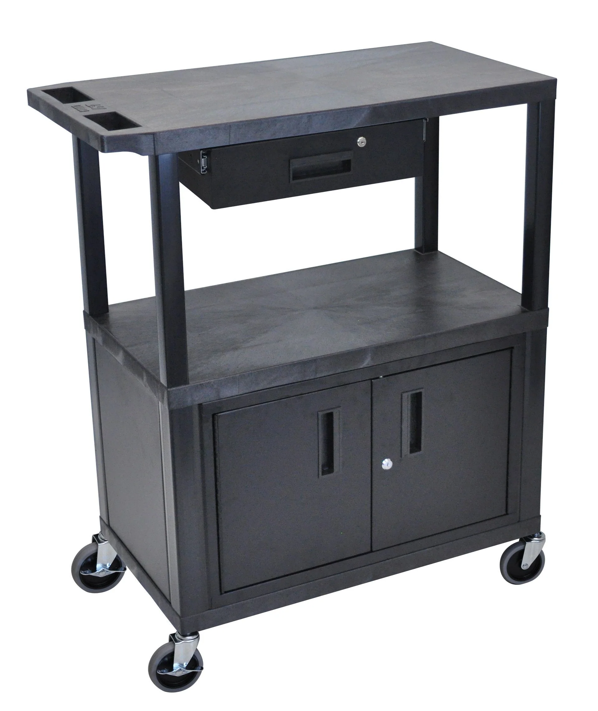Luxor 3 Flat Shelves W/ Cabinet & Drawer Black Presentation Station