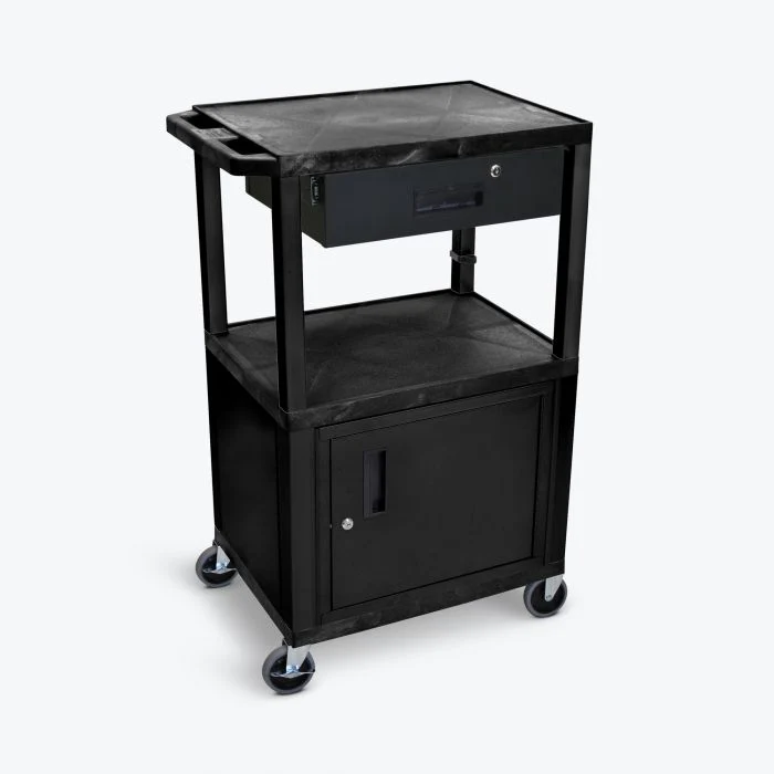Luxor 42"H AV Cart - 3 Shelves, Cab, Drawer - Drawer Black Presentation Station