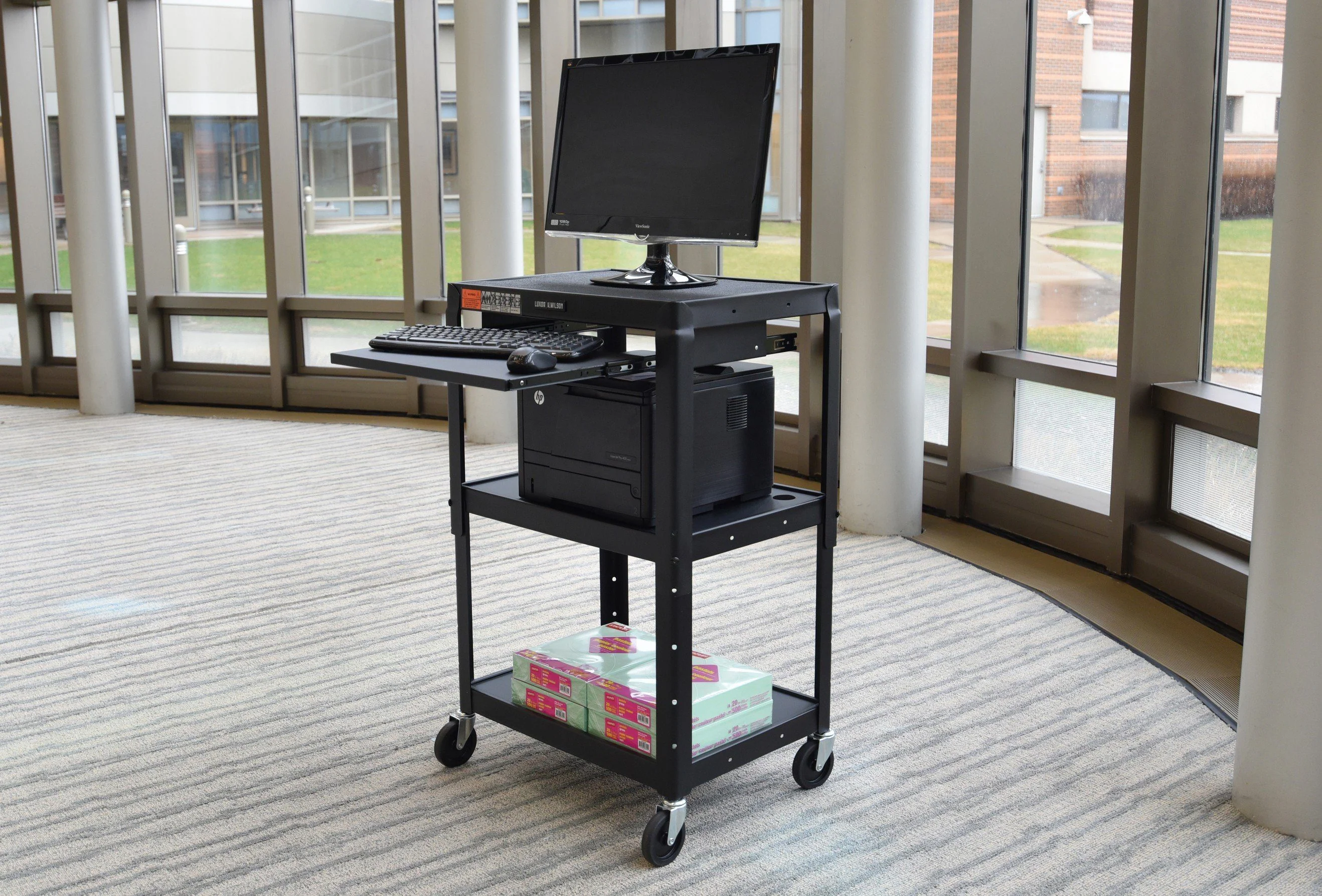Luxor Adjustable Height Black Metal A/V Cart w/ Pullout Keyboard Tray - Image 5