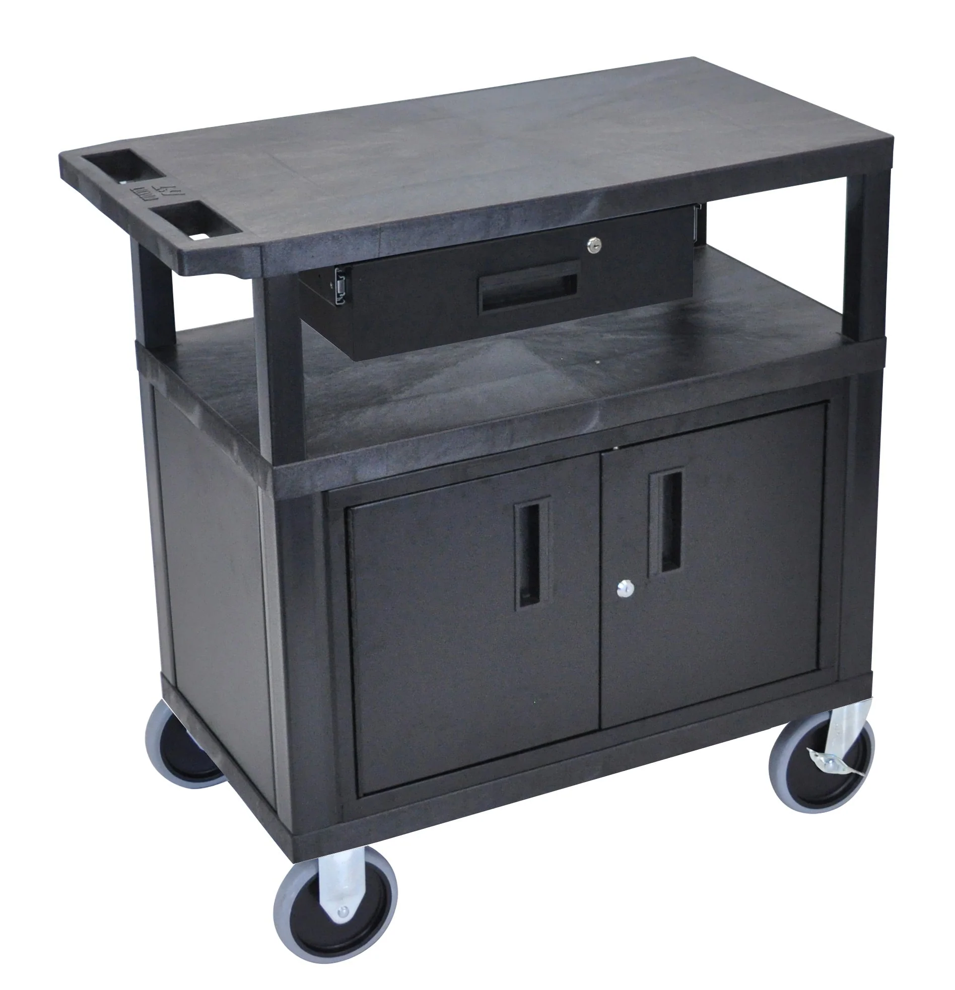Luxor Black EC34CDHD-B 18x32 Cart W/ 3 Shelves, Cabinet & Drawer & Heavy Duty Casters