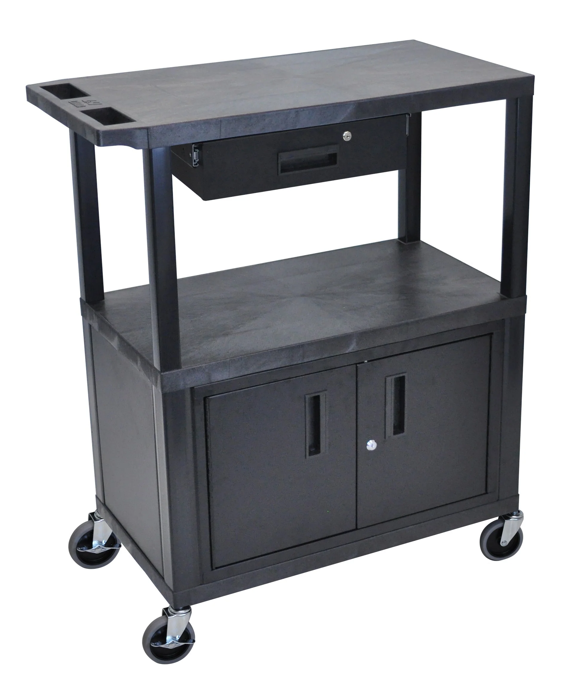Luxor Black EC38CD-B 18x32 Cart W/ 3 Shelves, Cabinet &amp; Drawer