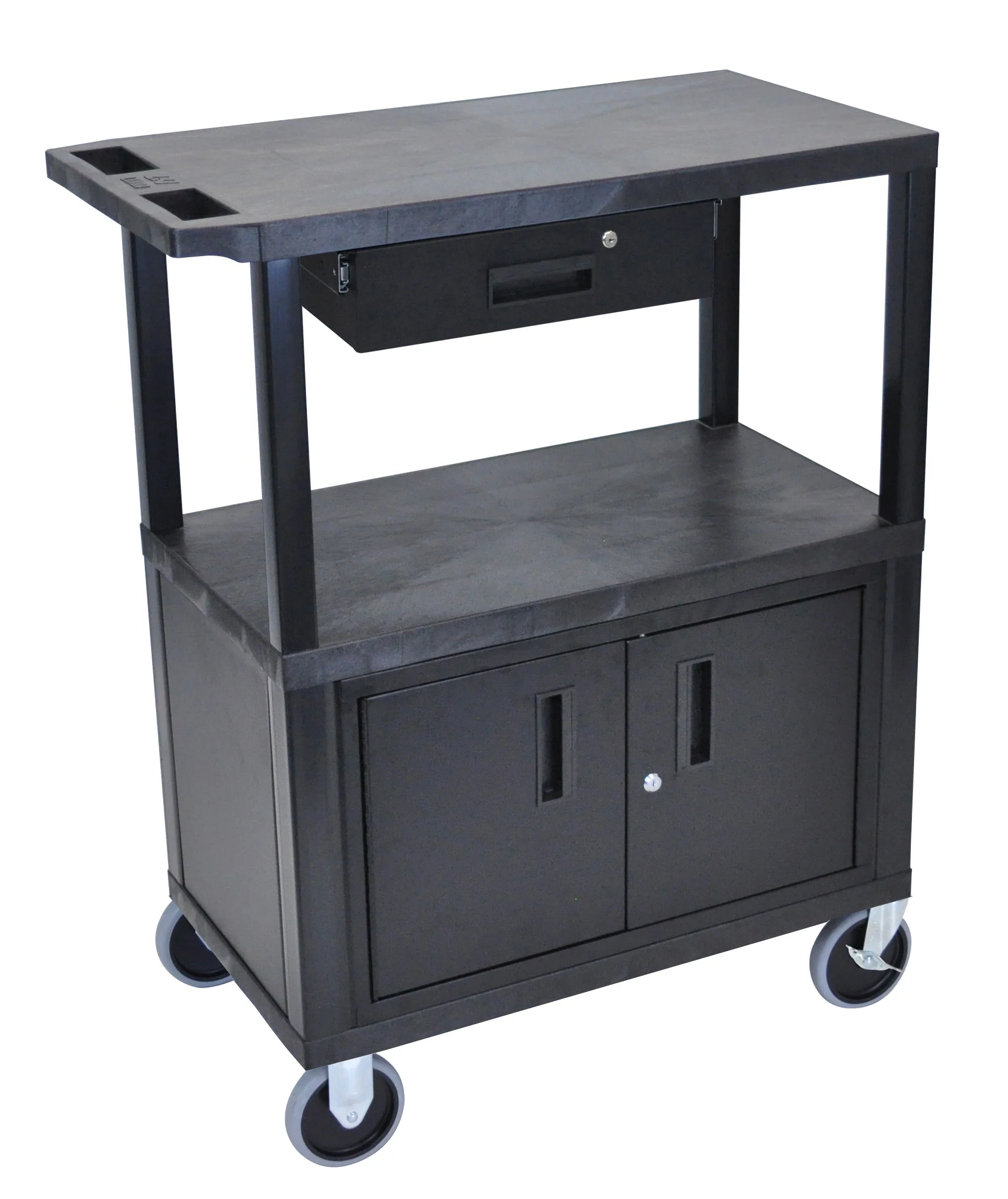 Luxor Black EC38CDHD-B 18x32 Cart W/ 3 Shelves, Cabinet & Drawer & Heavy Duty Casters