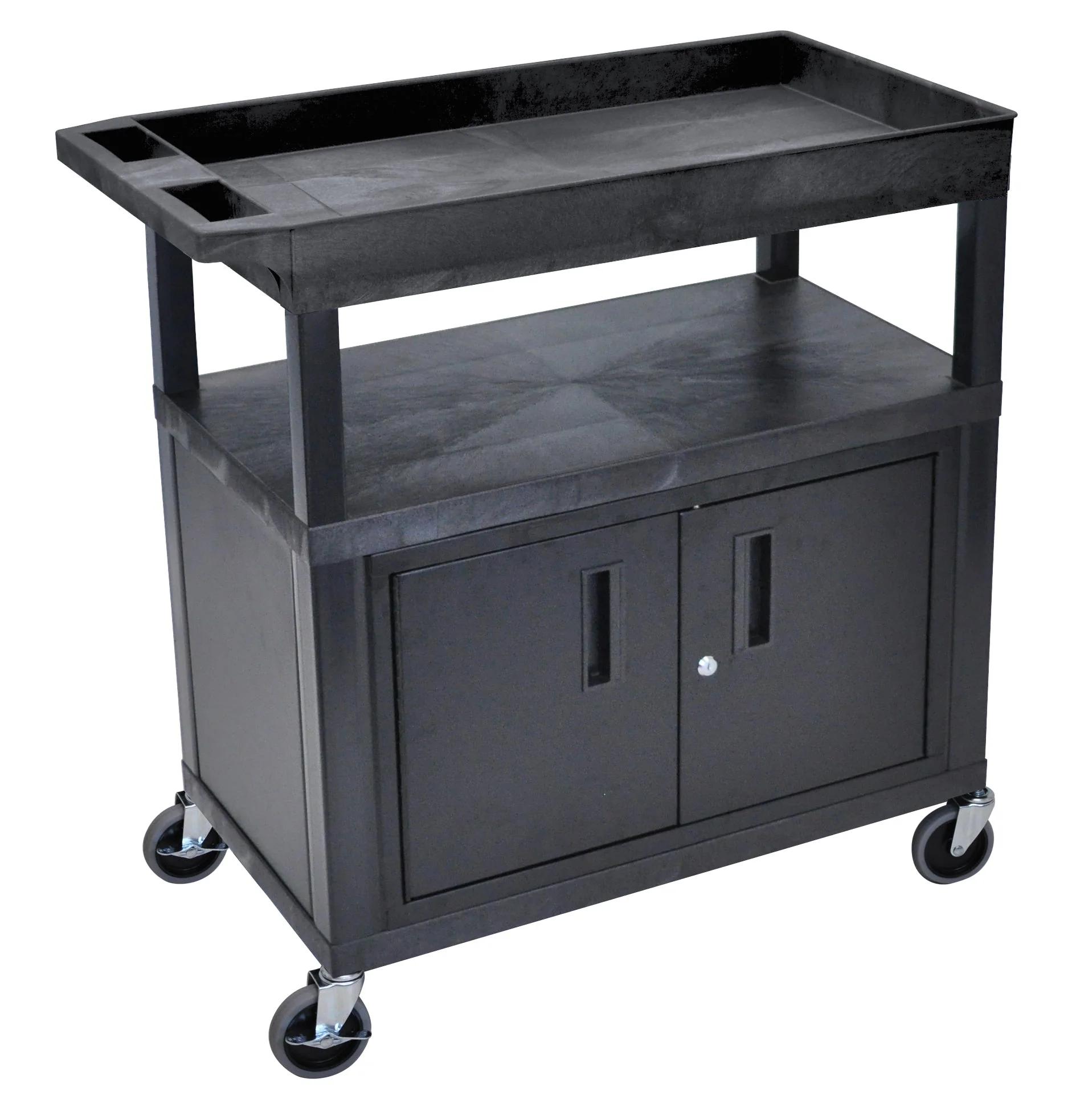 Luxor High Capacity 2 Flat and 1 Tub Shelf Cart W/ Cabinet & Electric in Black