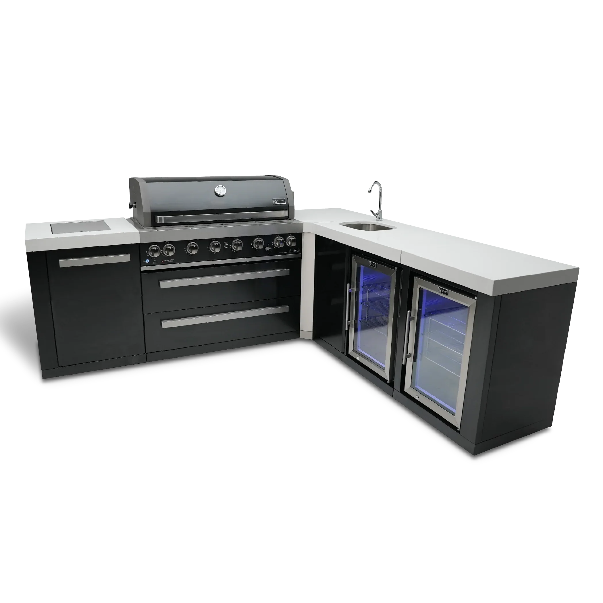 Mont Alpi Black Stainless Series MAi805-BSS90BEVFC - 8 Ft L-Shaped Propane Outdoor Kitchen Island w/ Side Burner, Fridge, & Beverage Center