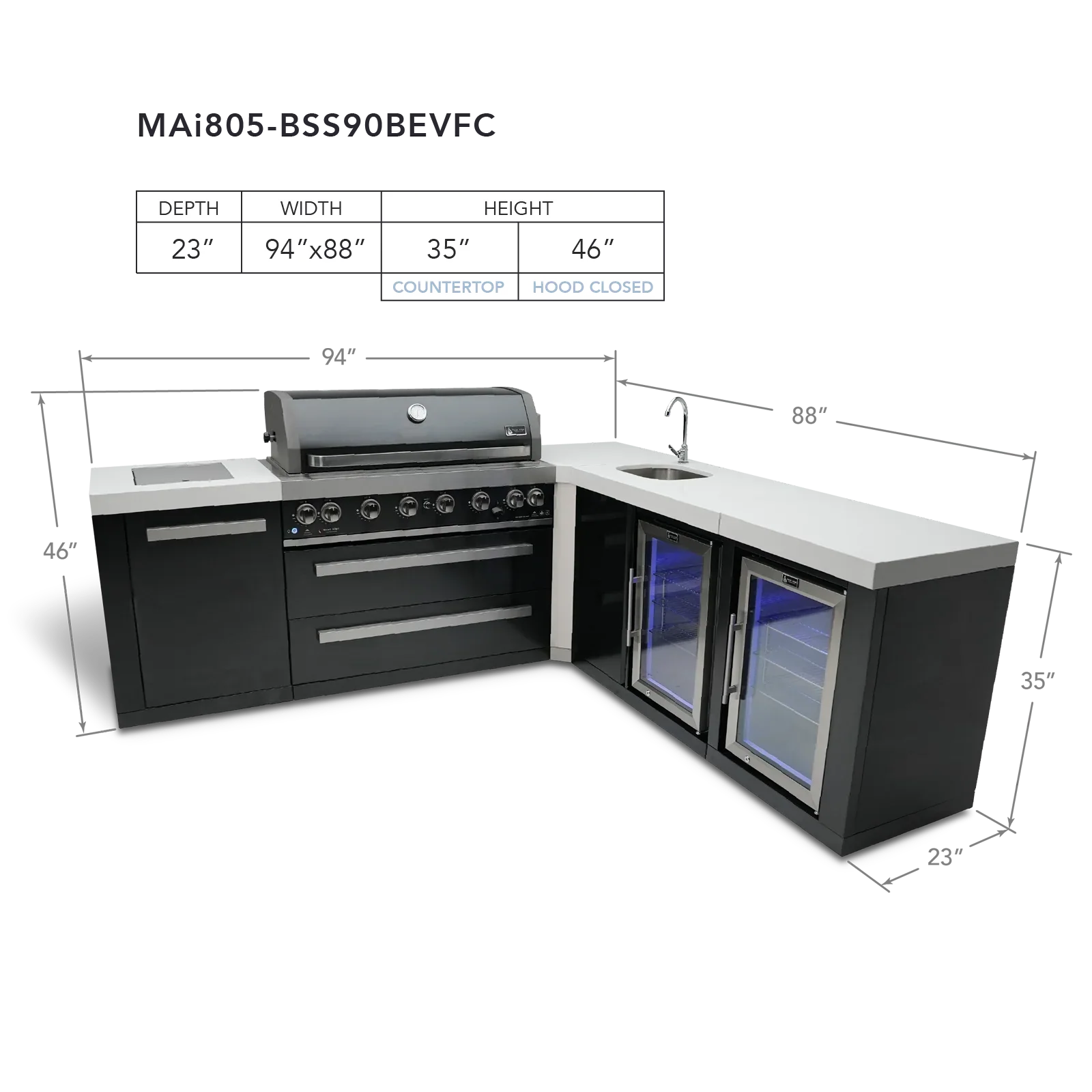 Mont Alpi Black Stainless Series MAi805-BSS90BEVFC - 8 Ft L-Shaped Propane Outdoor Kitchen Island w/ Side Burner, Fridge, & Beverage Center - Image 2