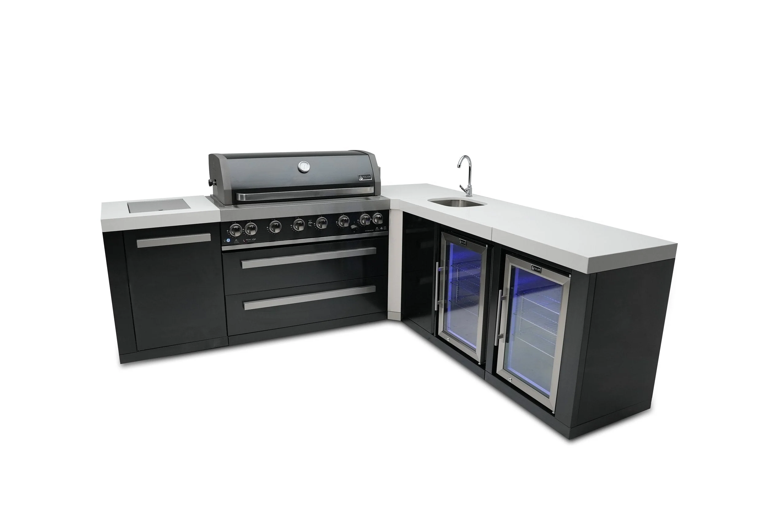 Mont Alpi Black Stainless Series MAi805-BSS90BEVFC - 8 Ft L-Shaped Propane Outdoor Kitchen Island w/ Side Burner, Fridge, & Beverage Center - Image 3
