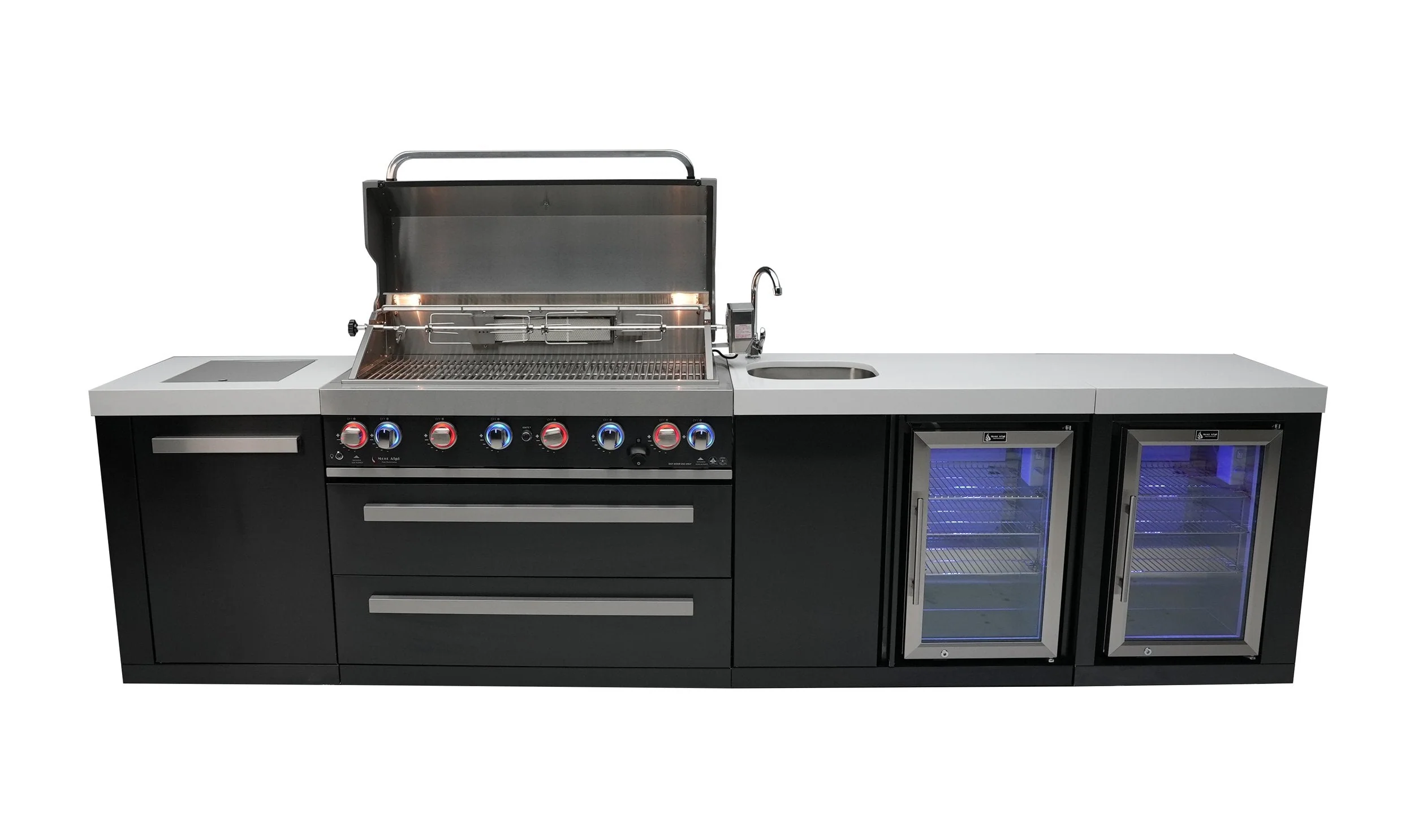 Mont Alpi Black Stainless Series MAi805-BSSBEVFC - 11 Ft Propane Outdoor Kitchen Island w/ Side Burner, Beverage Center & Fridge  - Image 3
