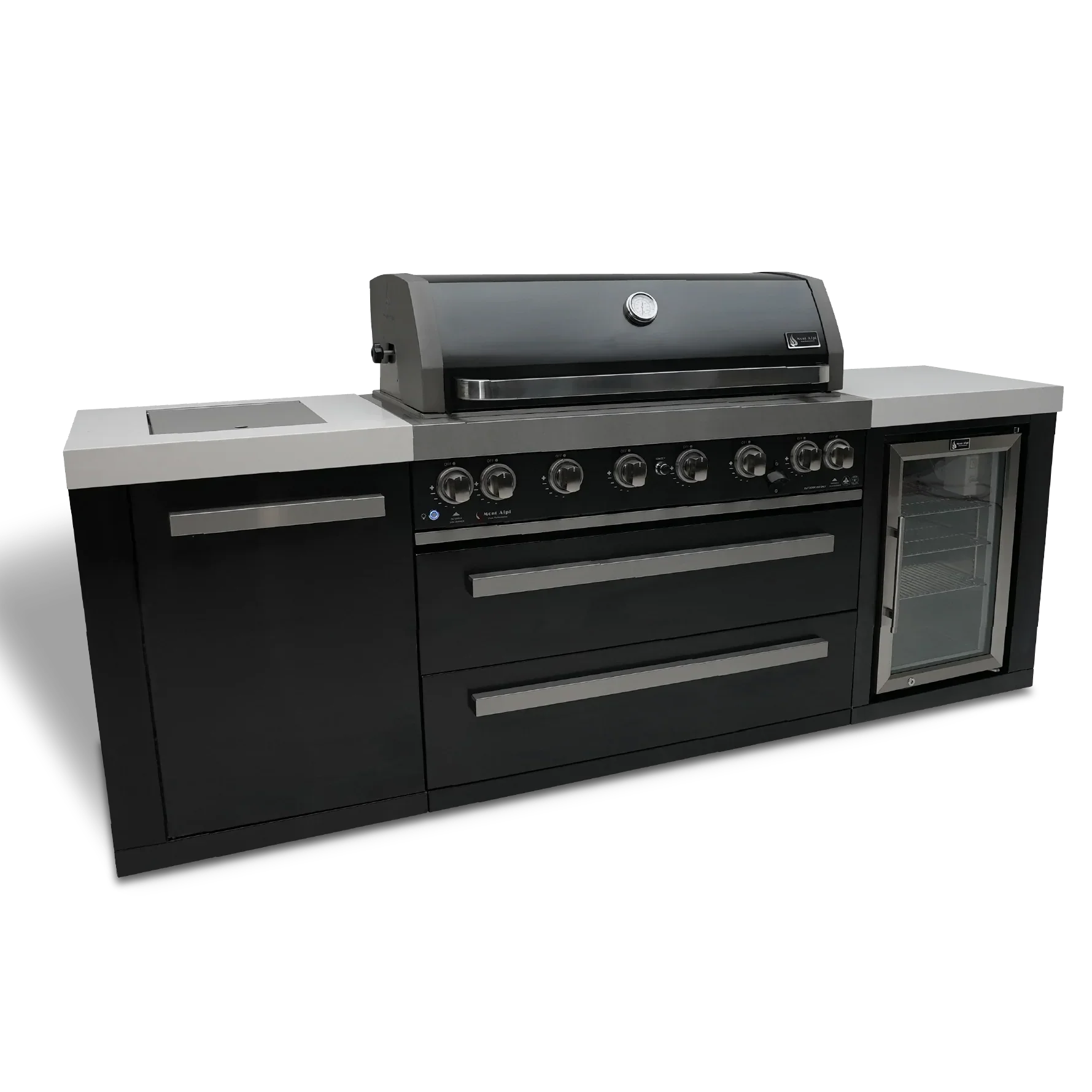Mont Alpi Black Stainless Series MAi805-BSSFC -8 Ft Propane Outdoor Kitchen Island w/ Side Burner & Fridge