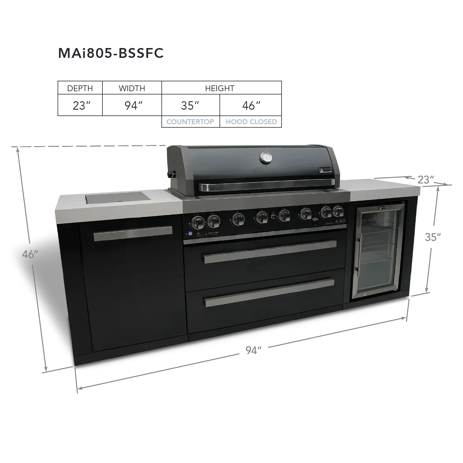 Mont Alpi Black Stainless Series MAi805-BSSFC -8 Ft Propane Outdoor Kitchen Island w/ Side Burner & Fridge - Image 2