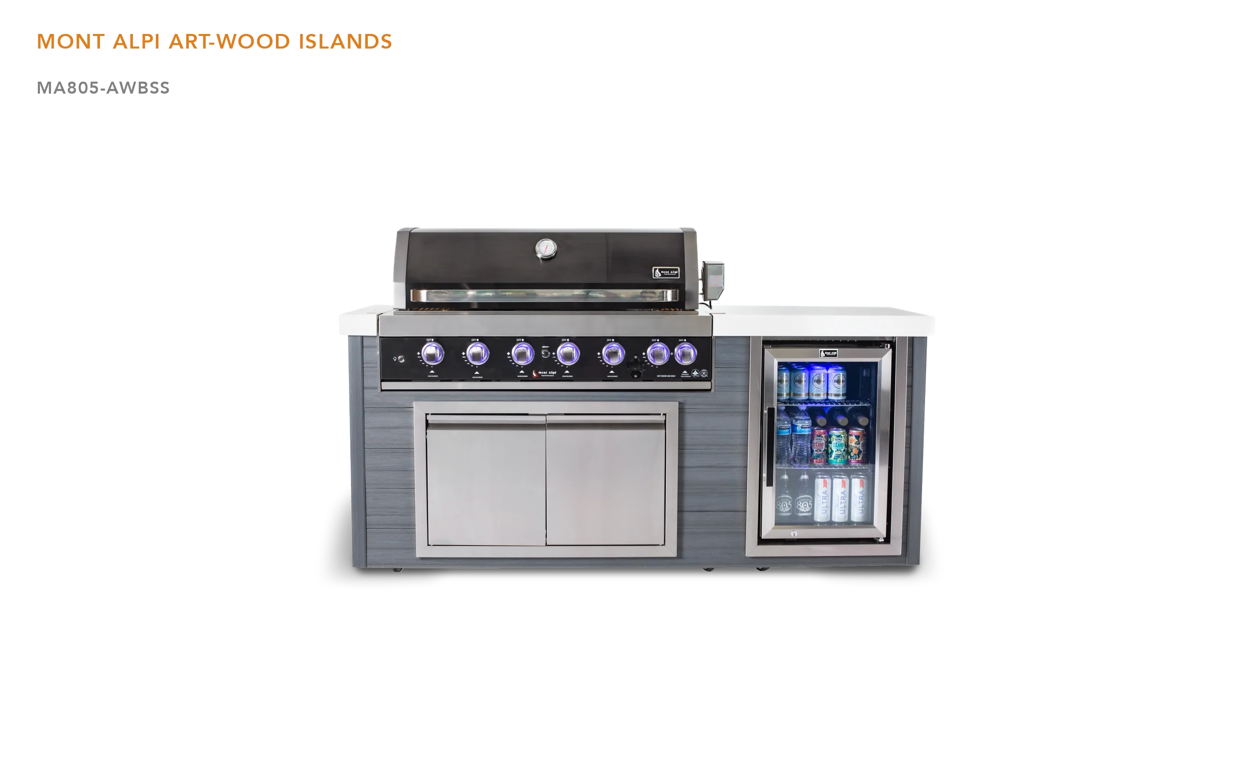 Mont Alpi Artwood Series MA805-AWBSS - 6.5 Ft Propane Outdoor Kitchen Island w/ 6-Burner Black Stainless Grill