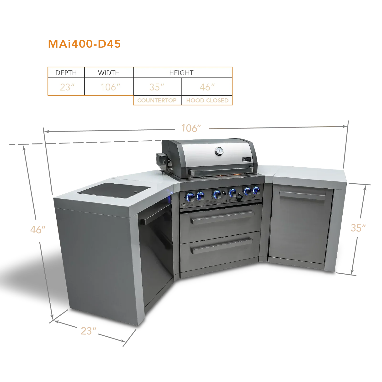 Mont Alpi Deluxe Series MAi400-D45 - 7.5 Ft U-Shaped Propane Outdoor Kitchen Island w/ Side Burner - Image 2