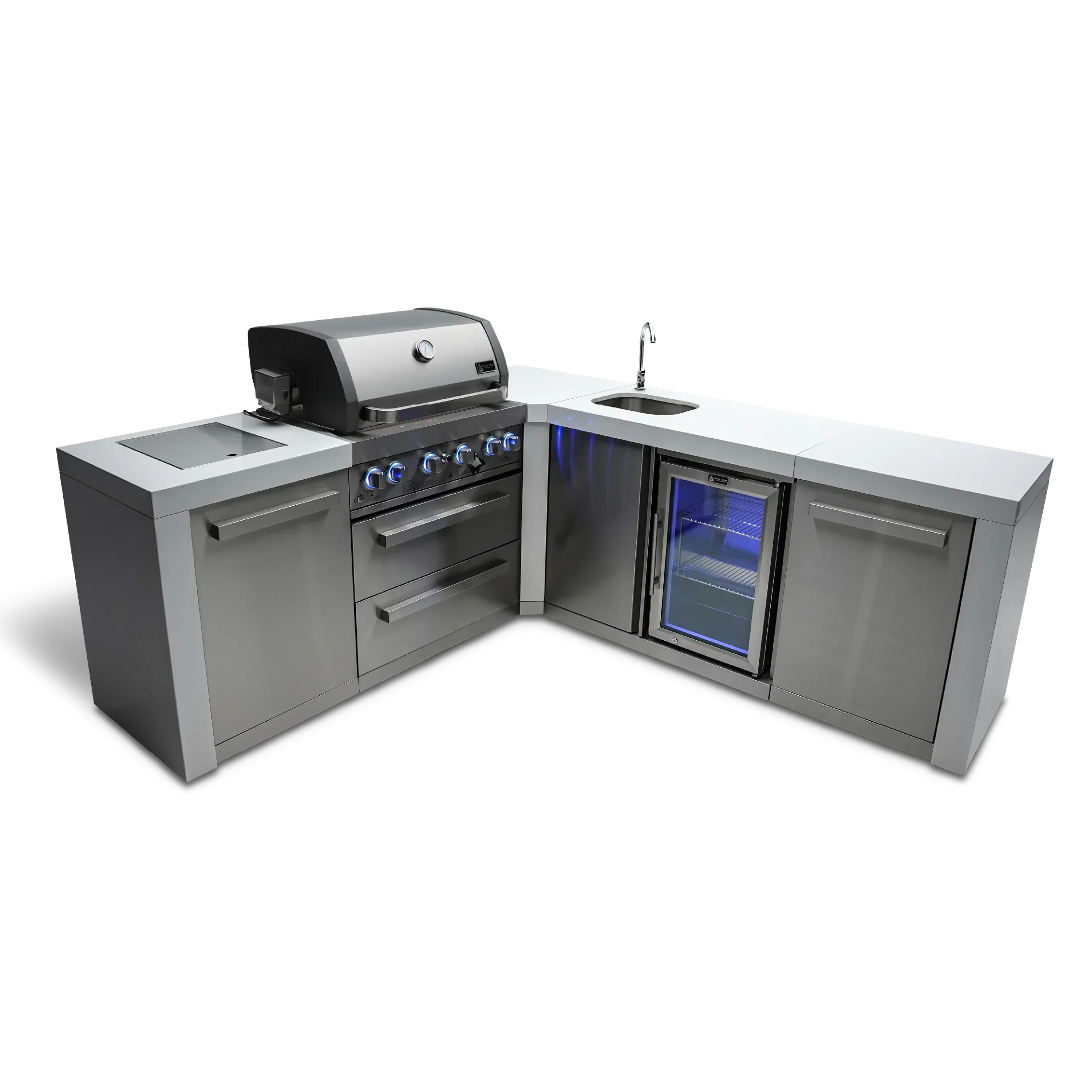 Mont Alpi Deluxe Series MAi400-D90BEV 4-Burner Deluxe Outdoor Kitchen Island With 90-Degree Corner Beverage Center