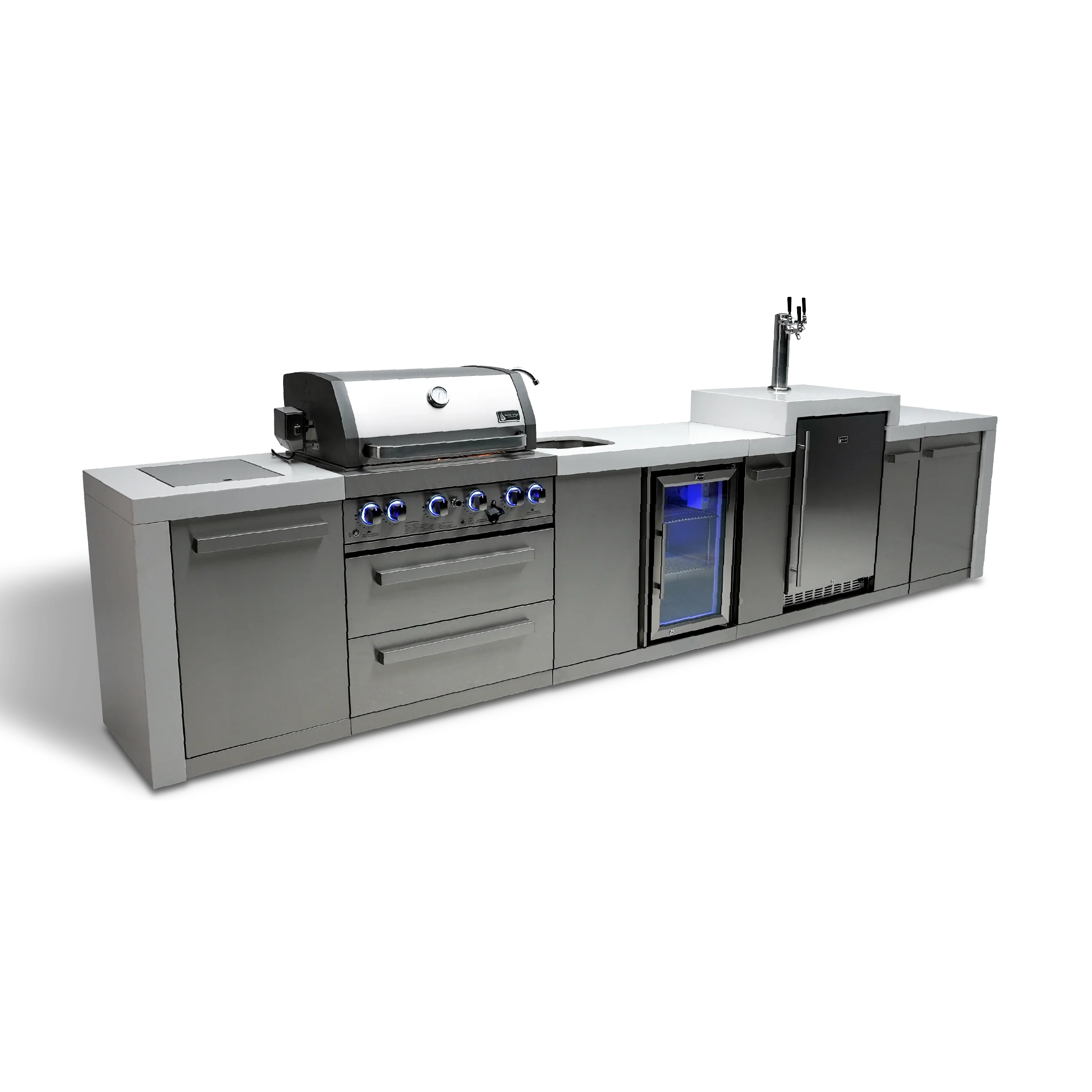 Mont Alpi Deluxe Series MAi400-DKEGBEV - 14 Ft Propane Outdoor Kitchen Island w/ Side Burner, Beverage Center, & Kegerator 