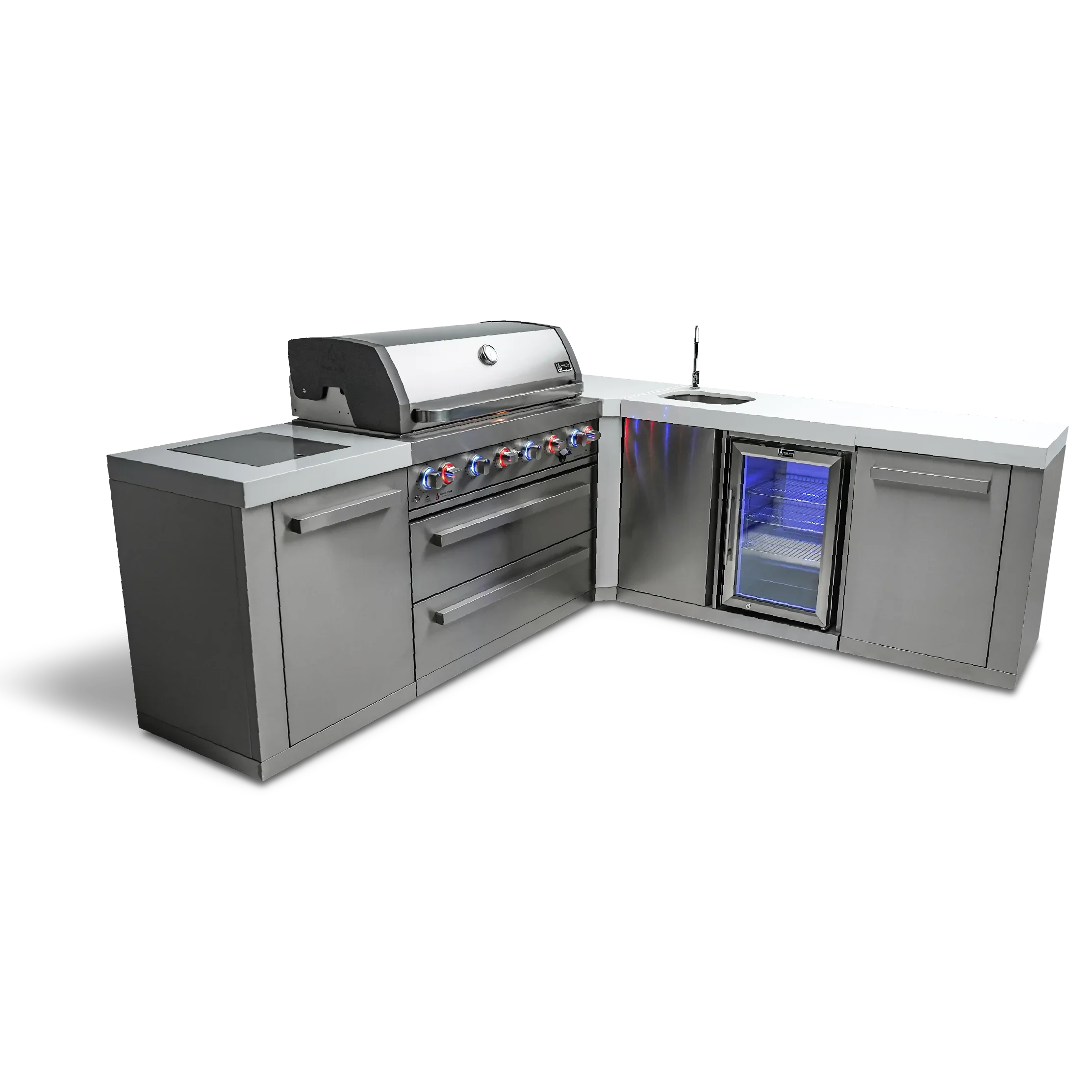 Mont Alpi Original Series MAi805-90BEV - 8 Ft L-Shaped Propane Outdoor Kitchen Island w/ Side Burner & Beverage Center 