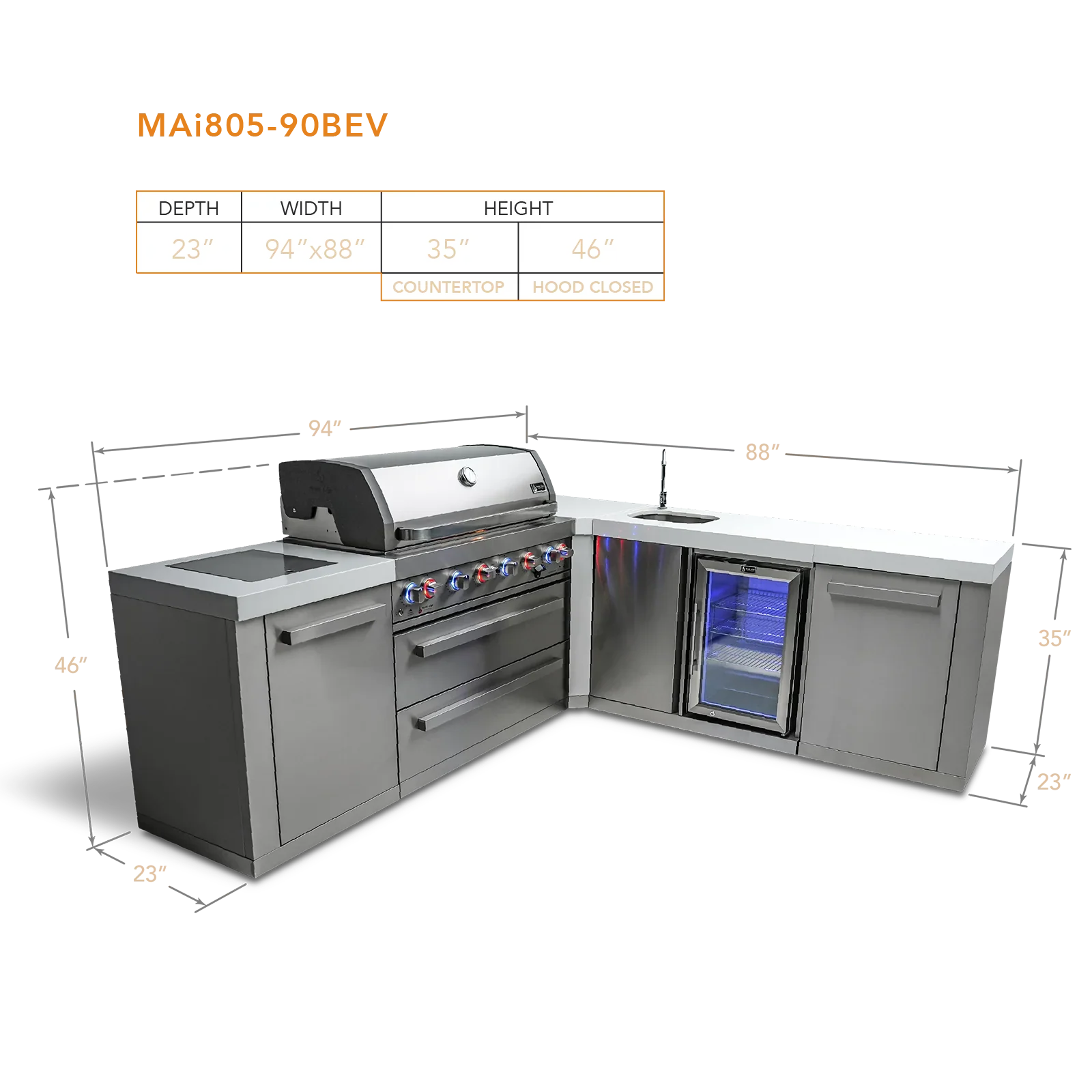 Mont Alpi Original Series MAi805-90BEV - 8 Ft L-Shaped Propane Outdoor Kitchen Island w/ Side Burner & Beverage Center  - Image 6