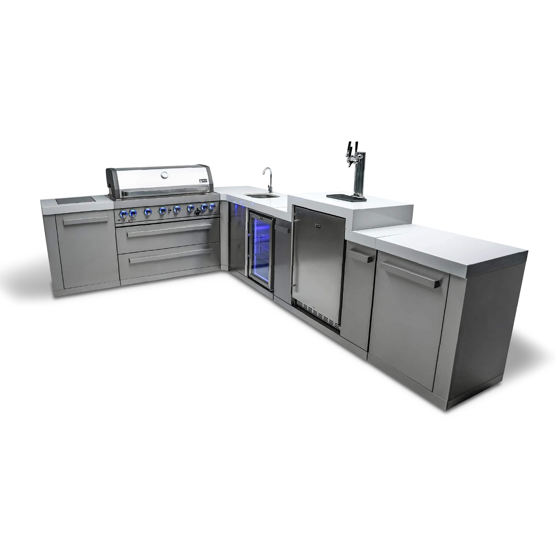 Mont Alpi Original Series MAi805-90KEGBEV - 8 Ft L-Shaped Propane Outdoor Kitchen Island w/ Side Burner, Beverage Center, & Kegerator 