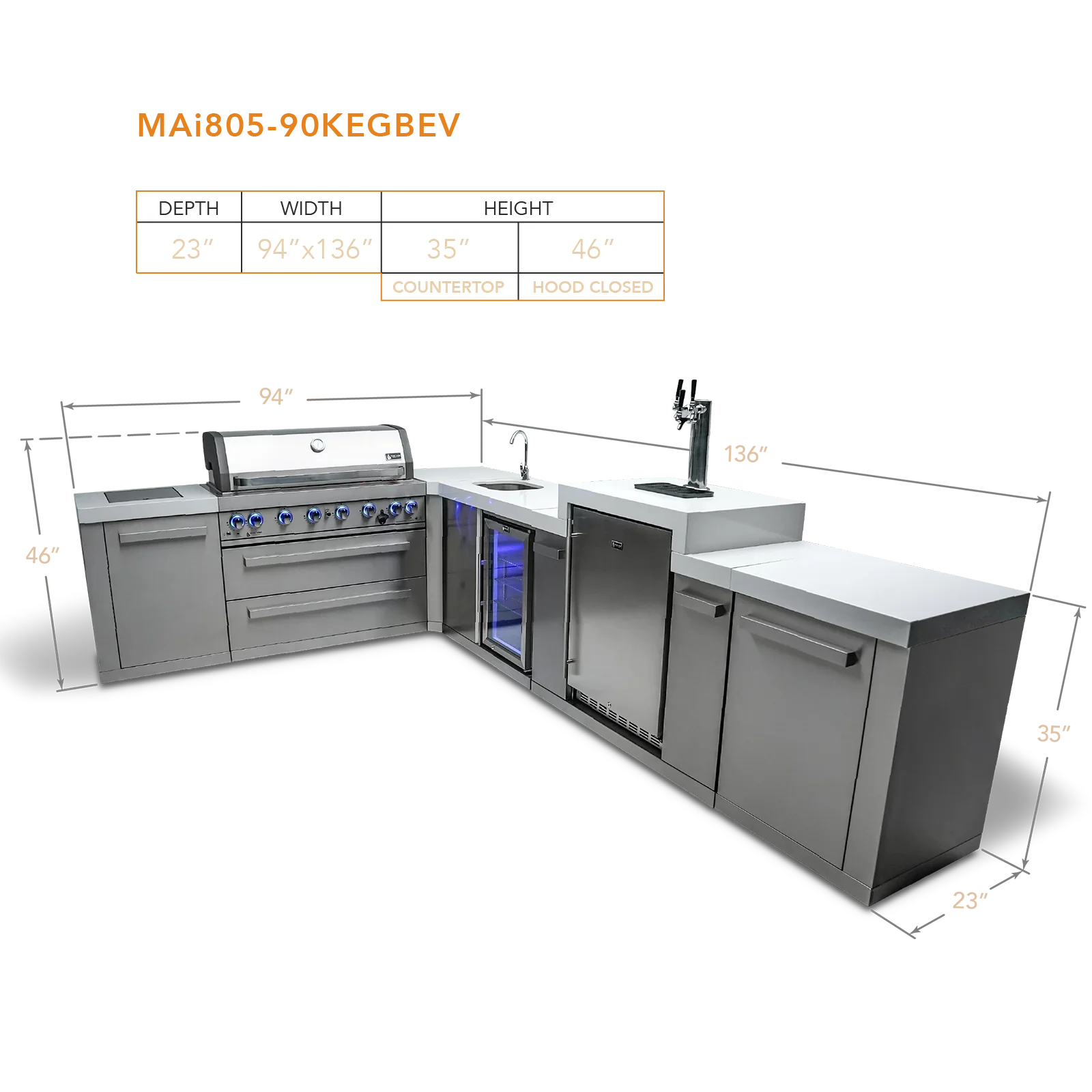 Mont Alpi Original Series MAi805-90KEGBEV - 8 Ft L-Shaped Propane Outdoor Kitchen Island w/ Side Burner, Beverage Center, & Kegerator  - Image 2