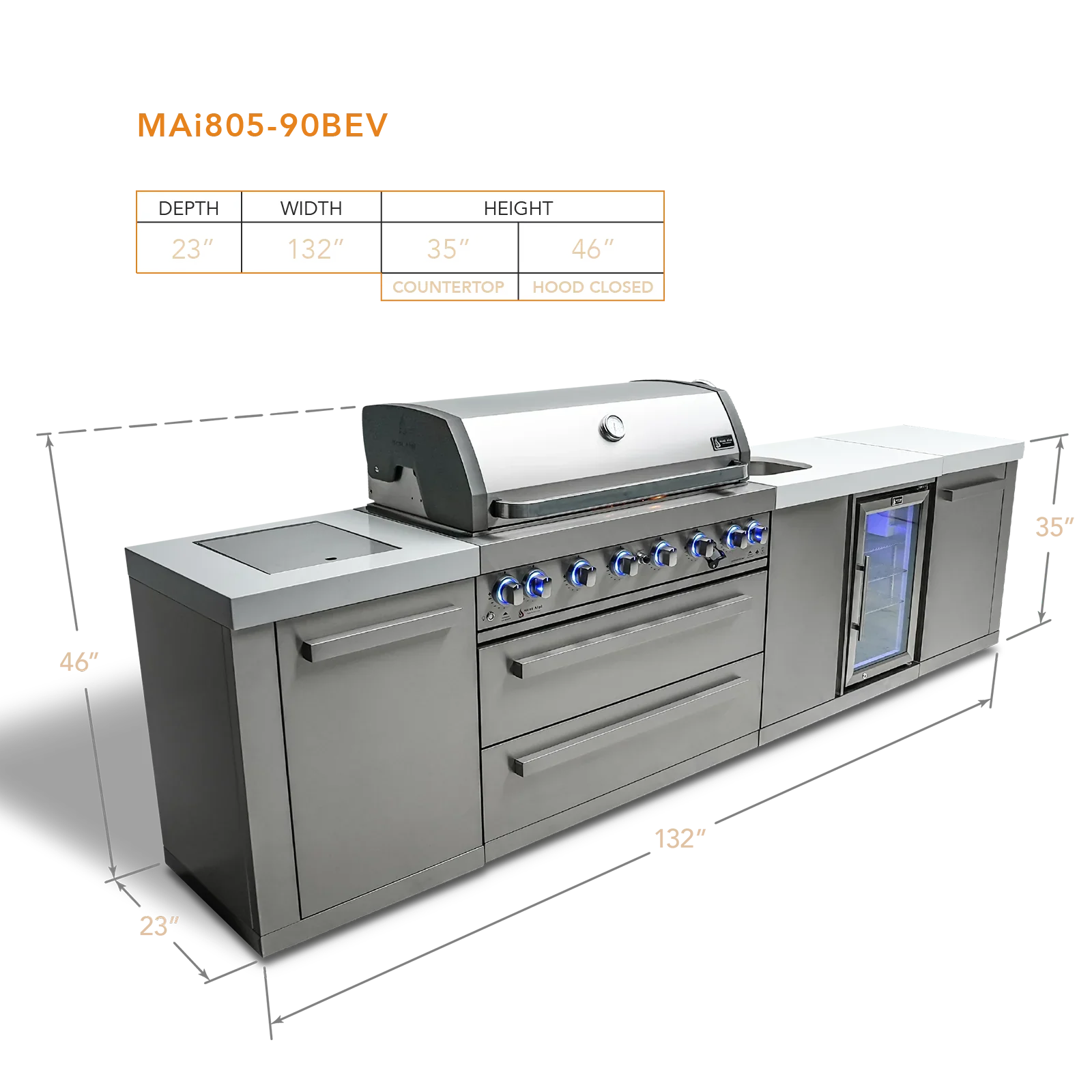 Mont Alpi Original Series MAi805-BEV 11 Ft Propane Outdoor Kitchen Island w/ Side Burner & Beverage Center - Image 2