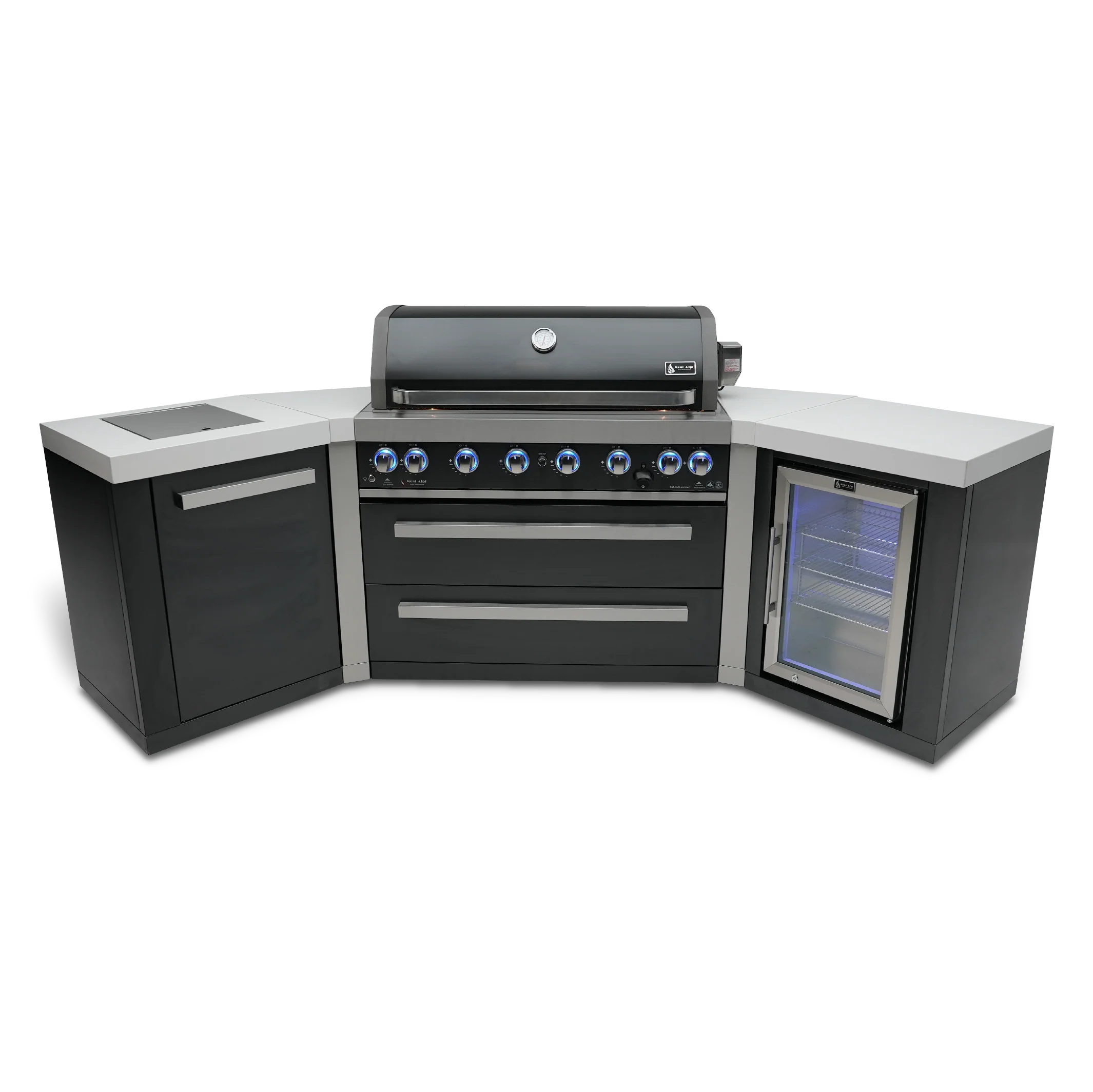 Mont Alpi Black Stainless Series MAi805-BSS45FC - 10 Ft U-Shaped Propane Outdoor Kitchen Island w/ Side Burner & Fridge