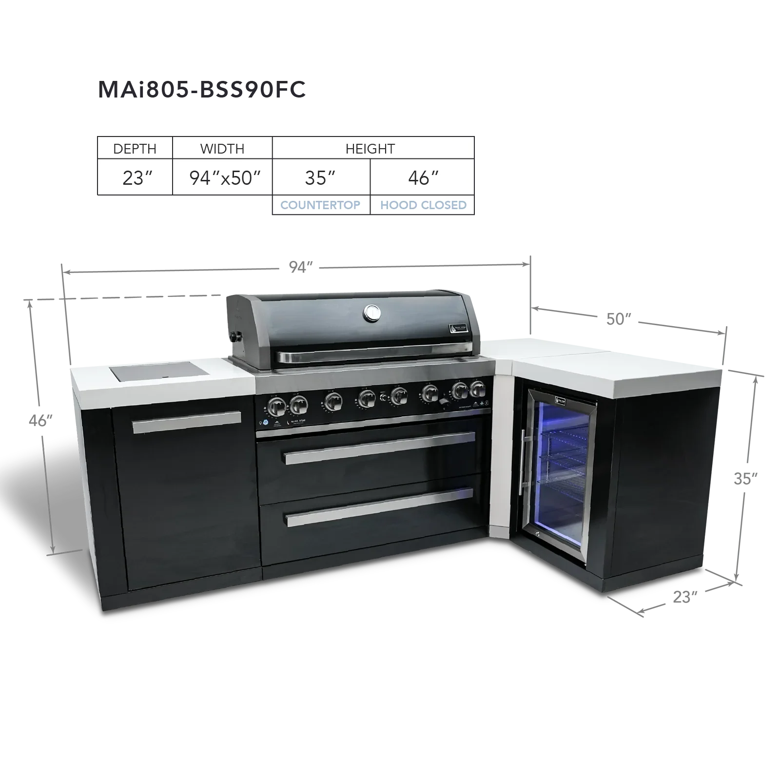 Mont Alpi Black Stainless Series MAi805-BSS90FC - 8.5 Ft L-Shaped Propane Outdoor Kitchen Island w/ Side Burner & Fridge  - Image 2