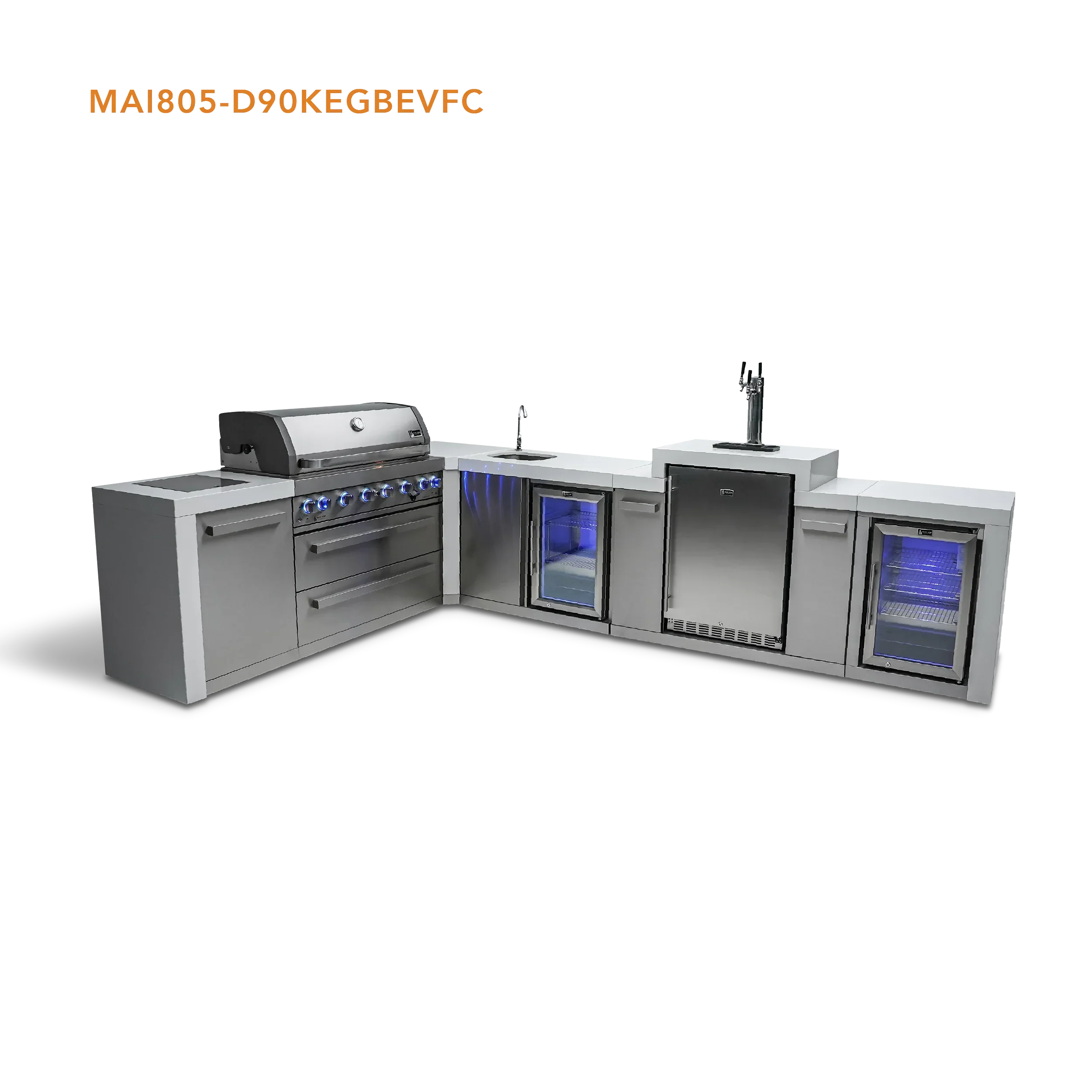 Mont Alpi Deluxe Series MAi805-D90KEGBEVFC - 8 Ft L-Shaped Propane Outdoor Kitchen Island w/ Side Burner, Beverage Center, Fridge, & Kegerator 
