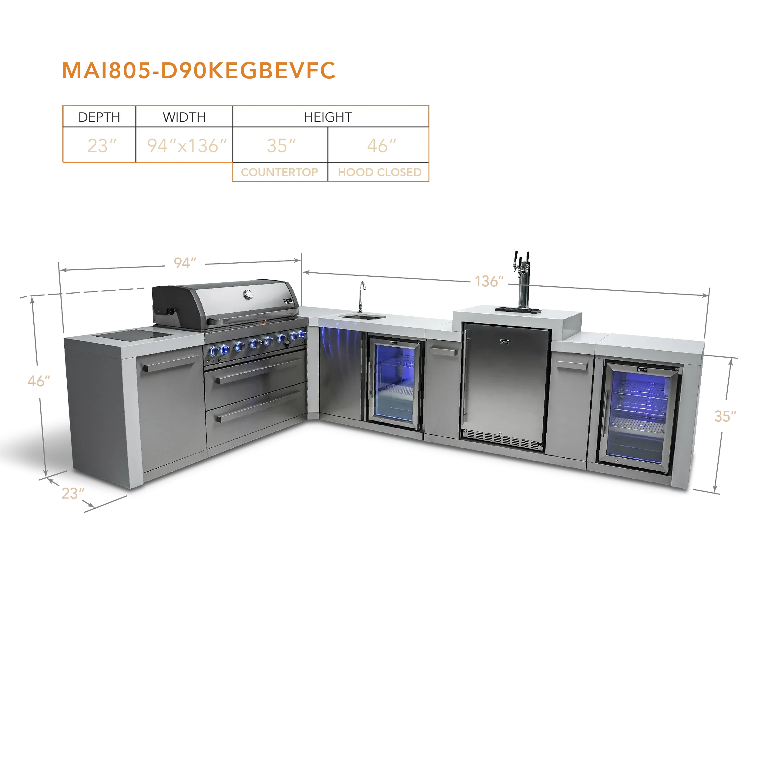 Mont Alpi Deluxe Series MAi805-D90KEGBEVFC - 8 Ft L-Shaped Propane Outdoor Kitchen Island w/ Side Burner, Beverage Center, Fridge, & Kegerator  - Image 2