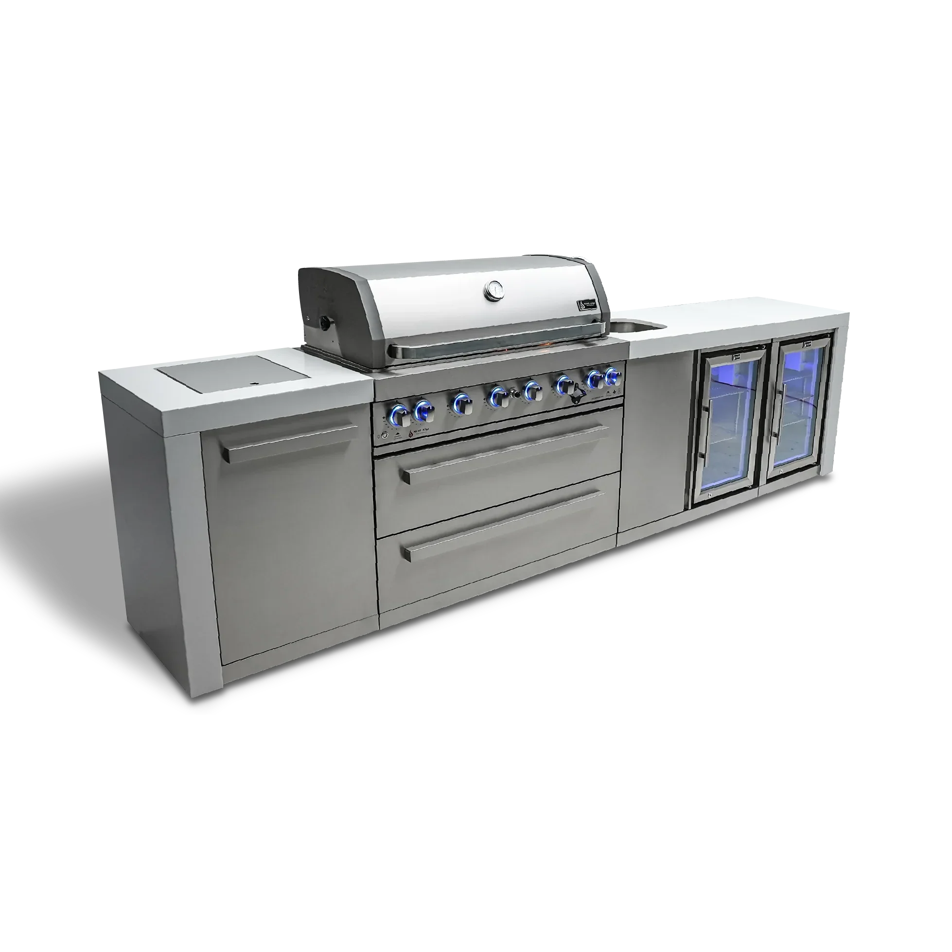 Mont Alpi Deluxe Series MAi805-DBEVFC - 11 Ft Propane Outdoor Kitchen Island w/ Side Burner, Beverage Center & Fridge