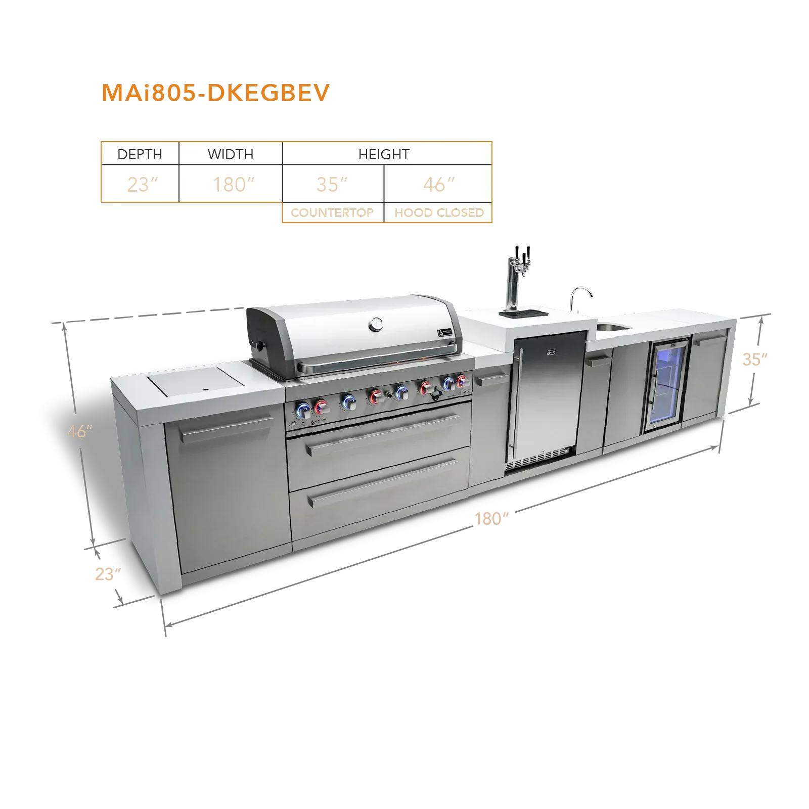 Mont Alpi Deluxe Series MAi805-DKEGBEV - 15 Ft Propane Outdoor Kitchen Island w/ Side Burner, Beverage Center & Kegerator  - Image 2