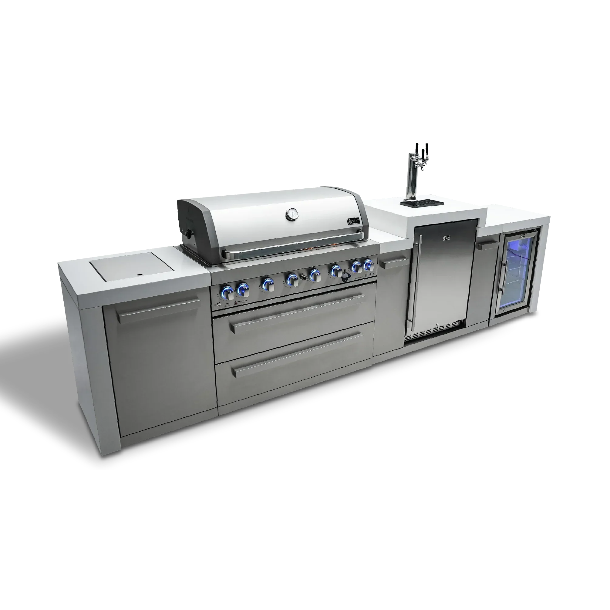 Mont Alpi Deluxe Series MAi805-DKEGFC - 12 Ft Propane Outdoor Kitchen Island w/ Side Burner, Fridge, & Kegerator